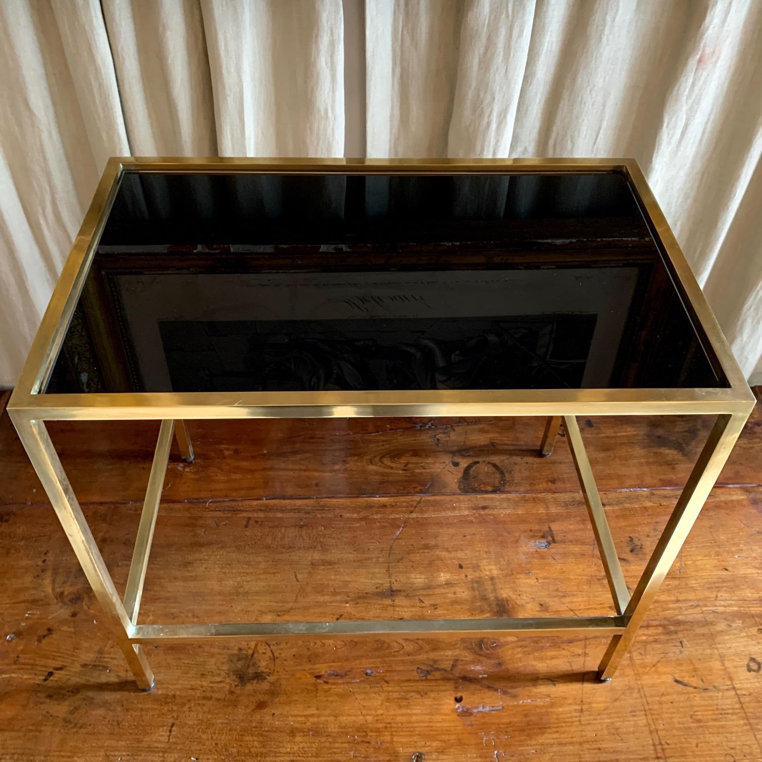 European 1970 Small Brass Coffee Table with Black Glass Top For Sale