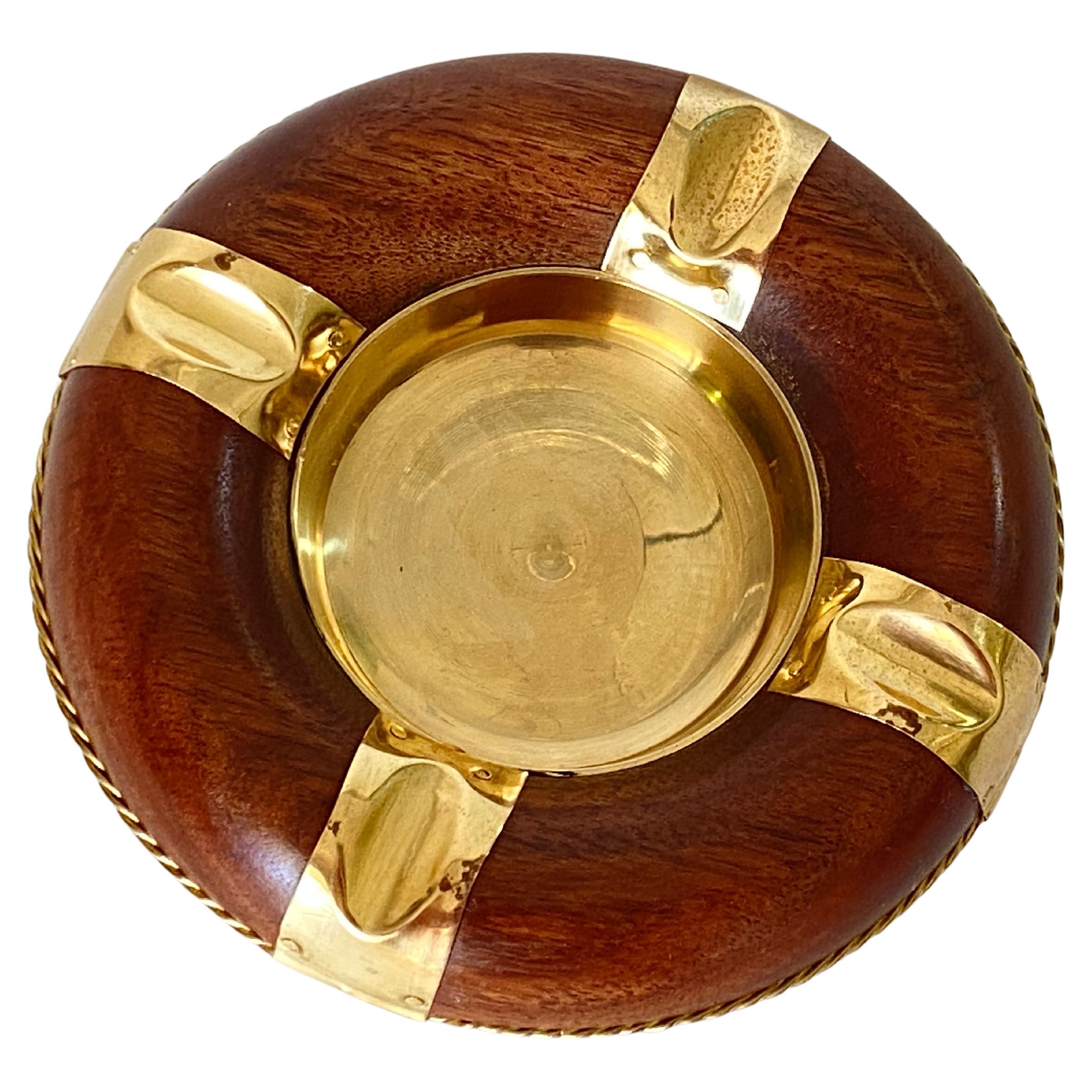 1970 Solid Wood and Brass Ashtray, France , Brown and Gold Color