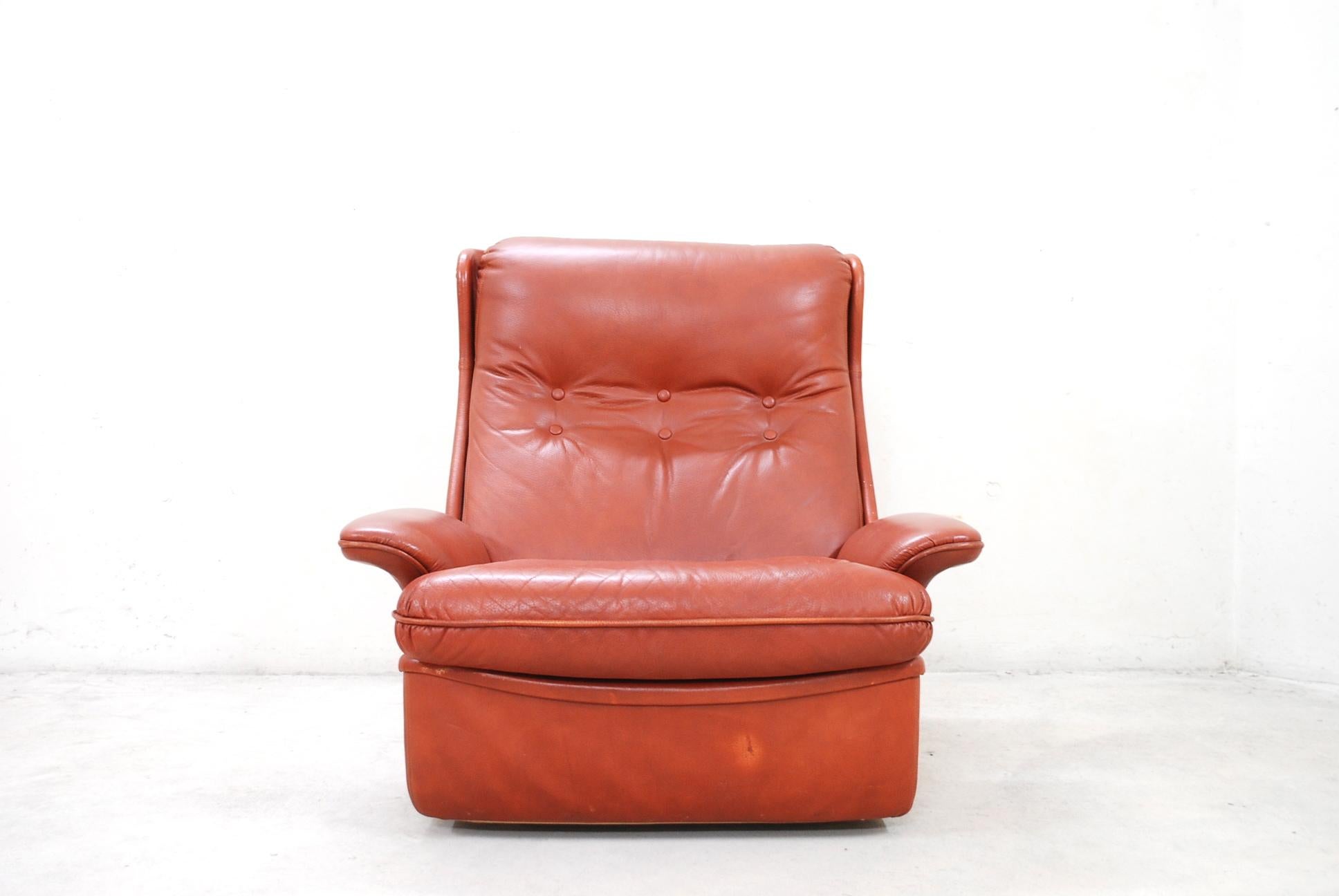 Late 20th Century  1970 Space Age Ox Red Leather Lounge Chair and Ottoman