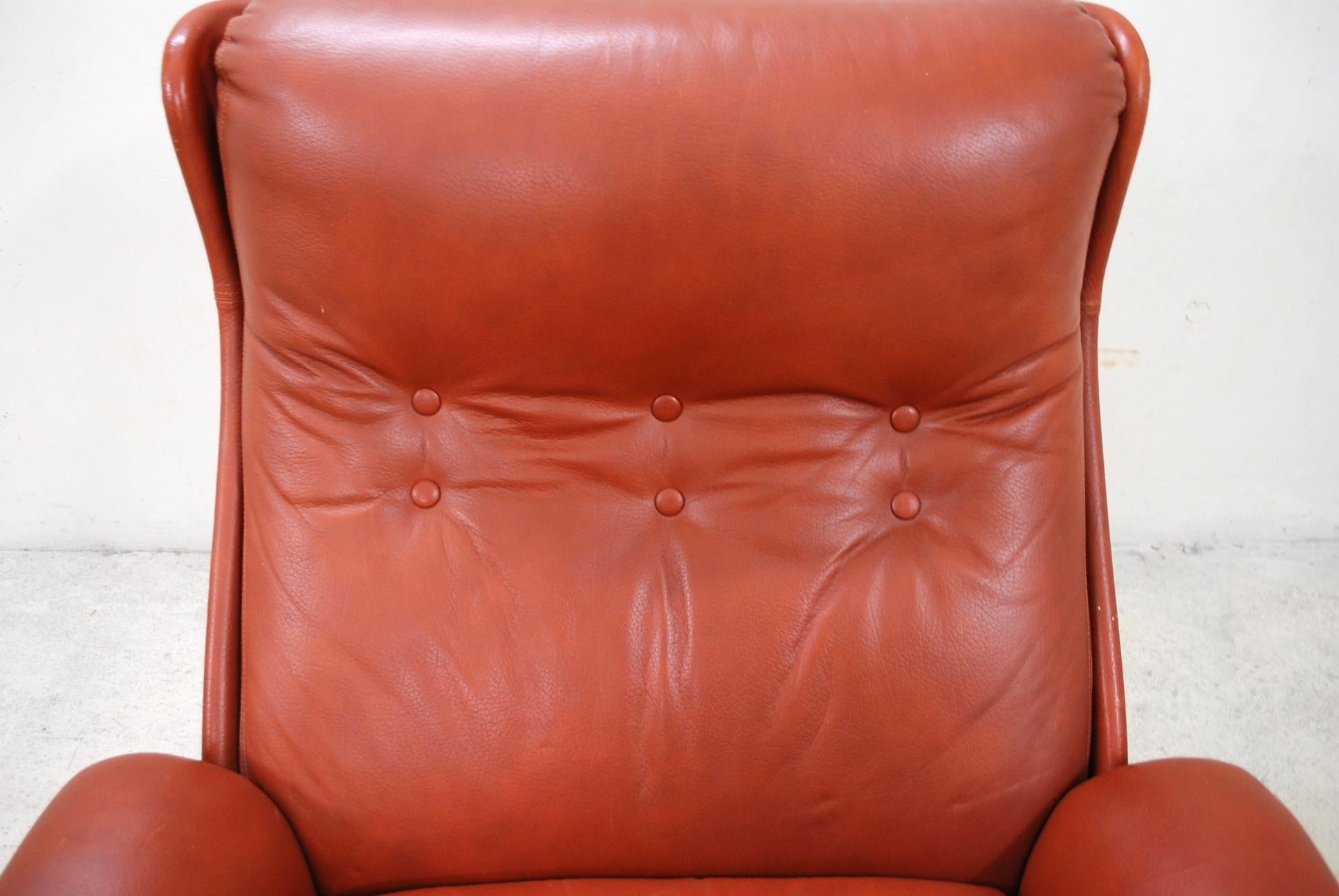  1970 Space Age Ox Red Leather Lounge Chair and Ottoman 1