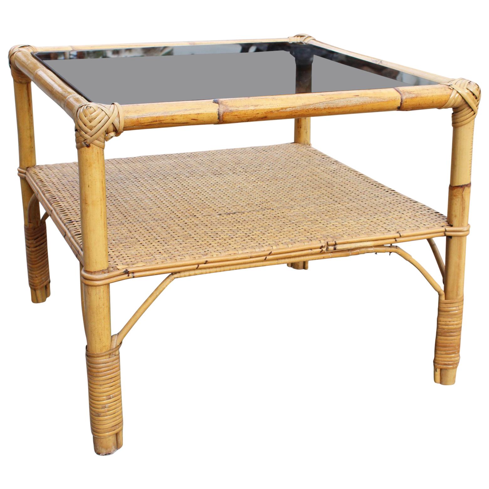 1970 Spanish Bamboo and Rattan Side Table with Smoked Glass Top