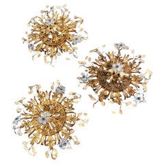 1970′ Pair of  Ceiling Lights or Wall Lamps Maison Bagués Or Banci Glass leave