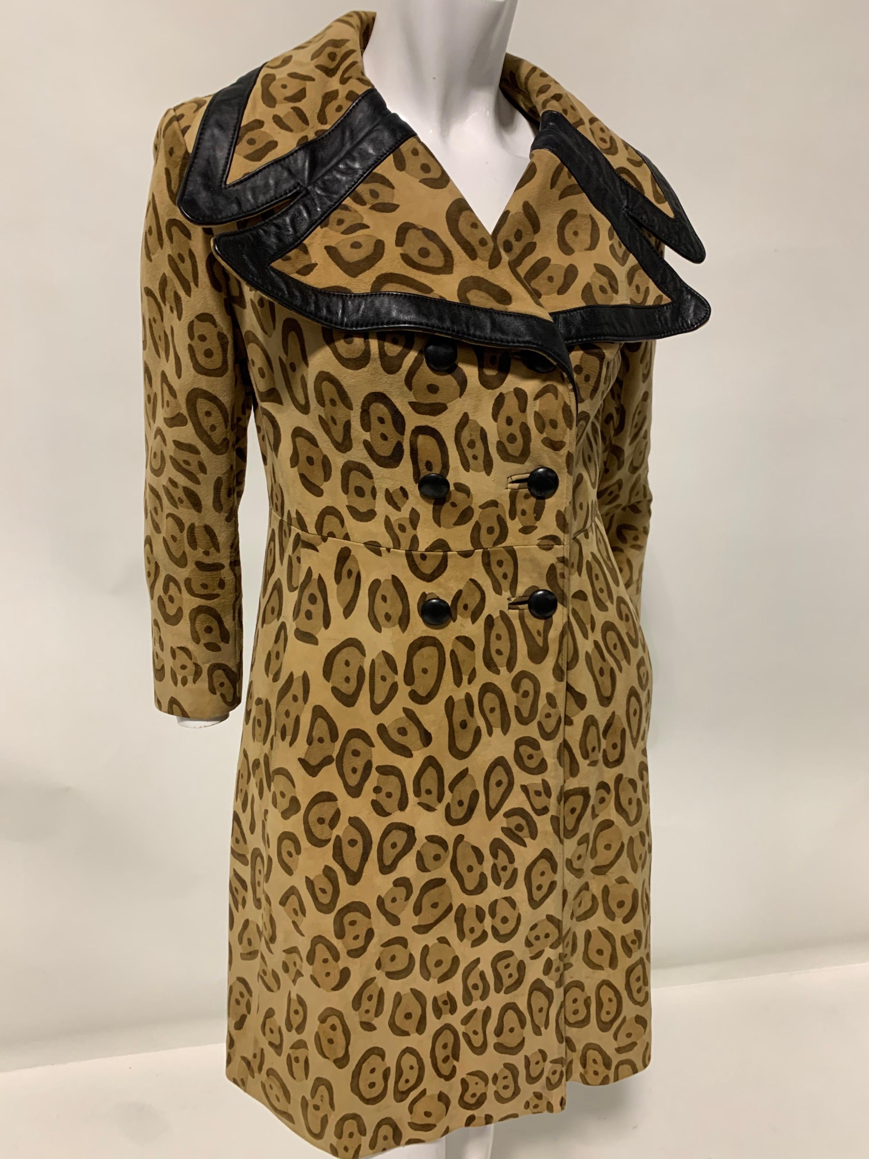 1970 Superfly Style Collar Leopard Print Stencil Suede Coat W/ Leather Trim  3
