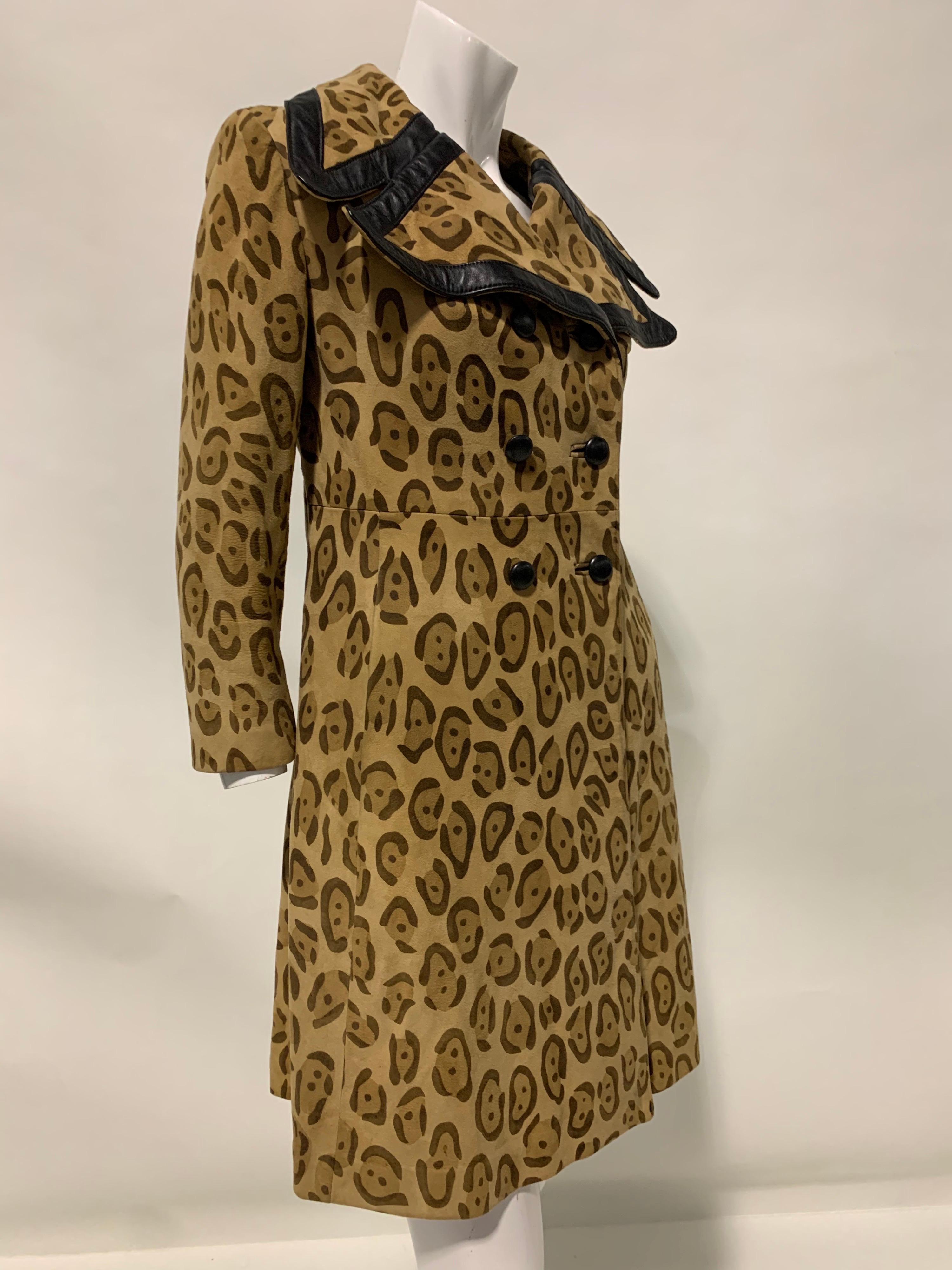 Brown 1970 Superfly Style Collar Leopard Print Stencil Suede Coat W/ Leather Trim 