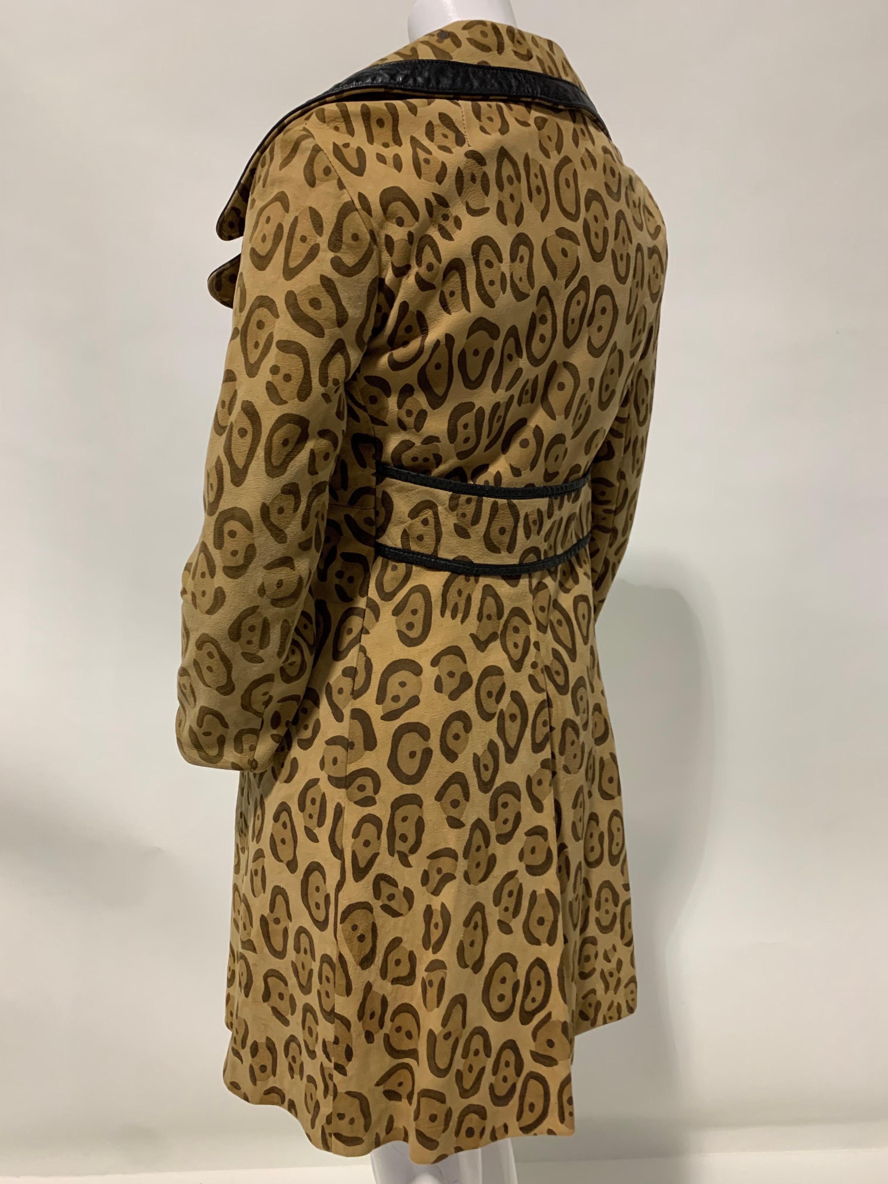 1970 Superfly Style Collar Leopard Print Stencil Suede Coat W/ Leather Trim  1