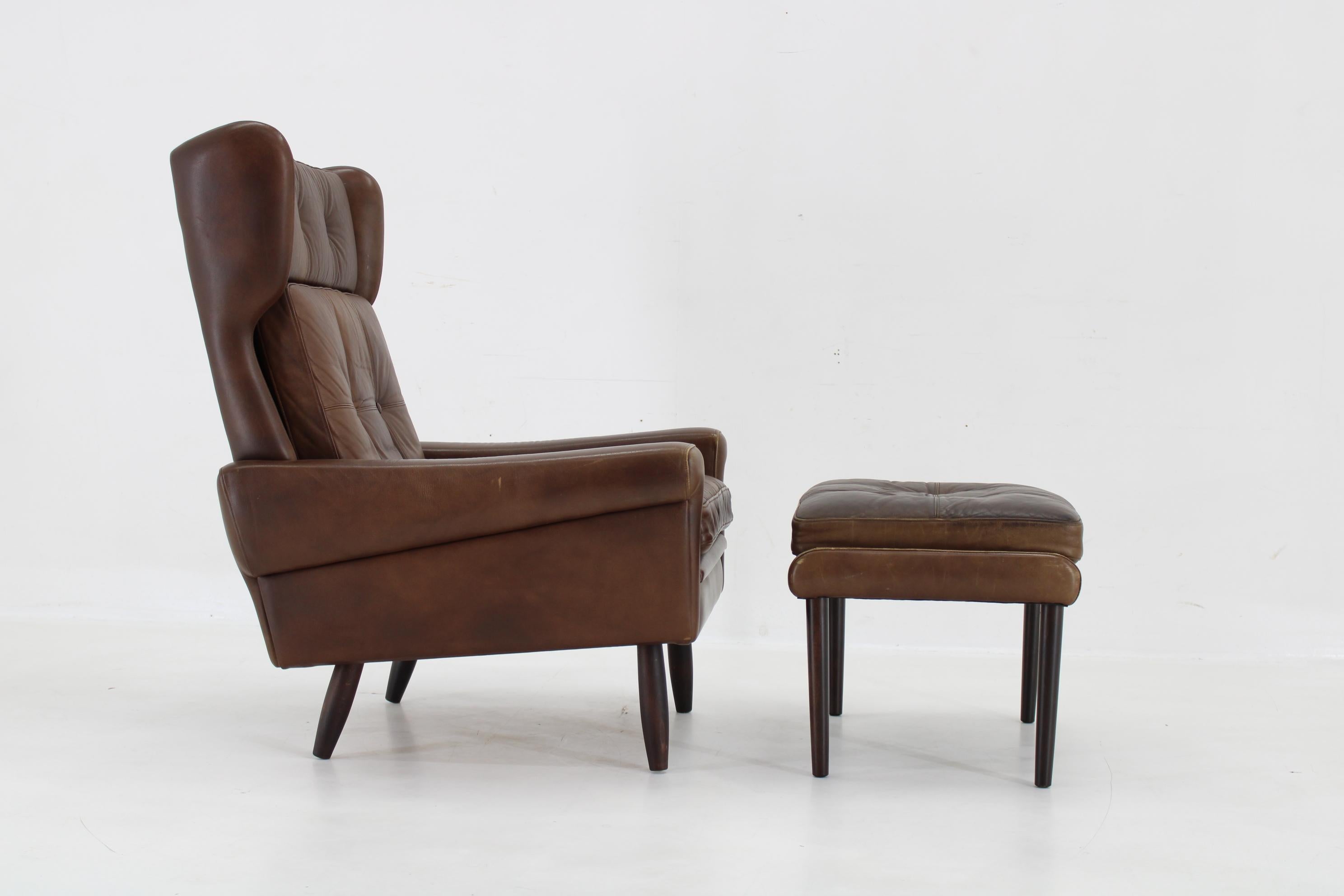 Mid-Century Modern 1970 Svend Skipper High Back Armchair and Ottoman in Brown Leather, Denmark For Sale