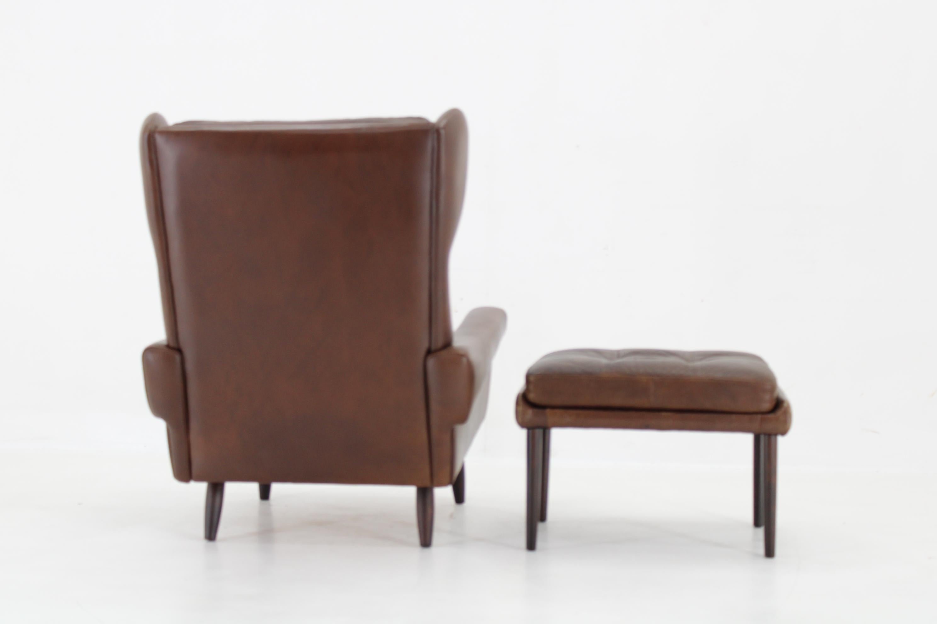 Danish 1970 Svend Skipper High Back Armchair and Ottoman in Brown Leather, Denmark For Sale