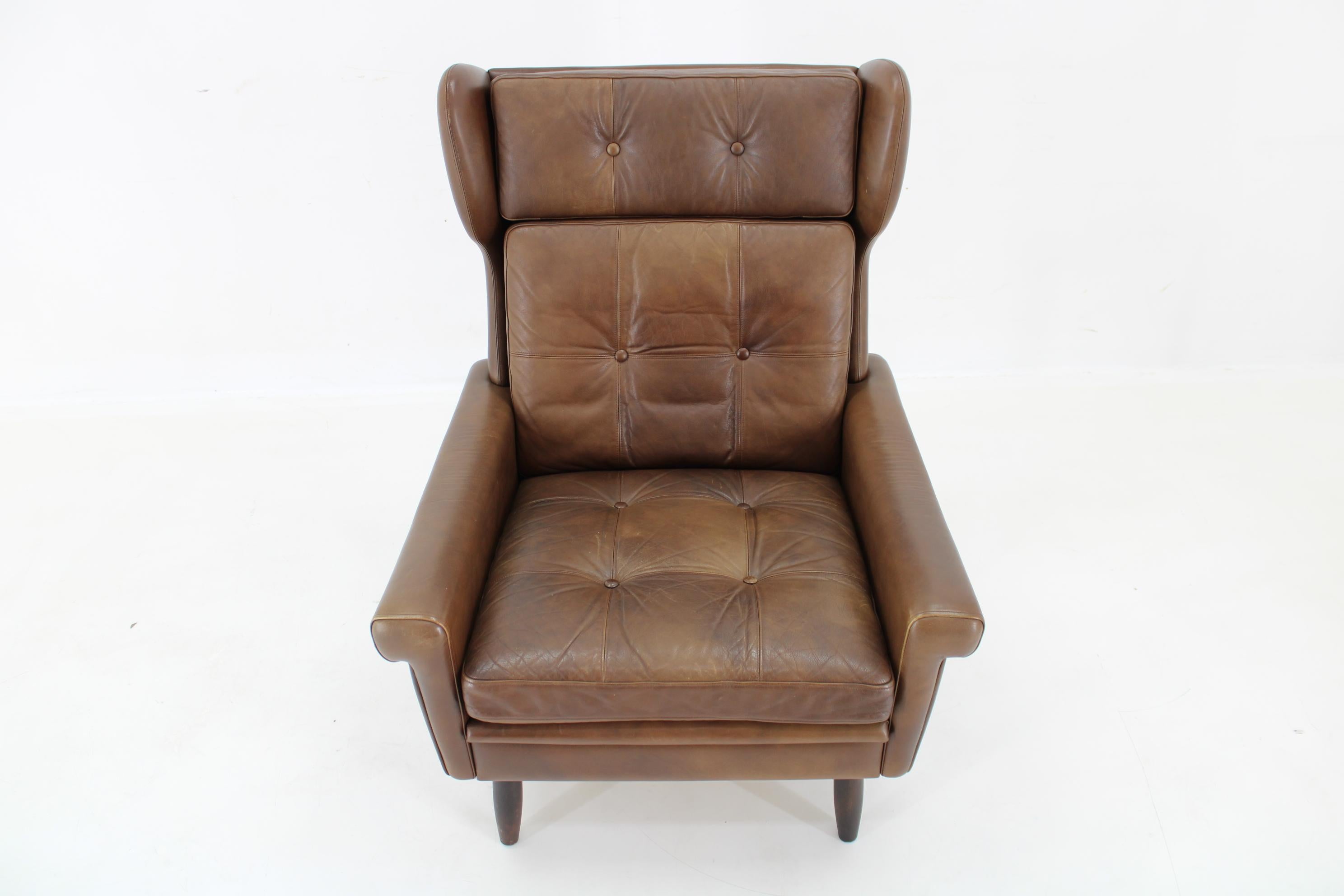 1970 Svend Skipper High Back Armchair and Ottoman in Brown Leather, Denmark For Sale 1