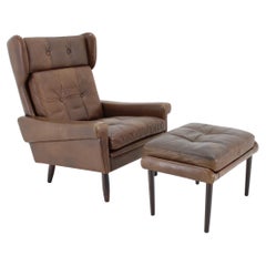 1970 Svend Skipper High Back Armchair and Ottoman in Brown Leather, Denmark