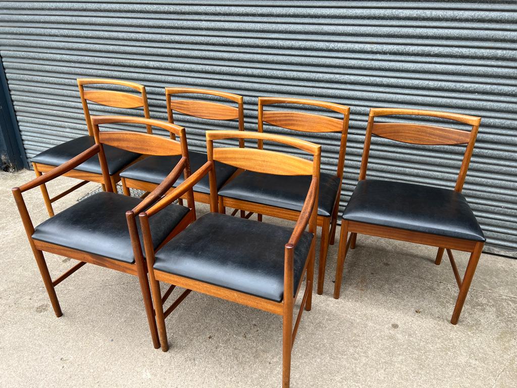 British 1970 Teak McIntosh Retro Dining Chairs ( 6) Upholstered in original black vinyl For Sale