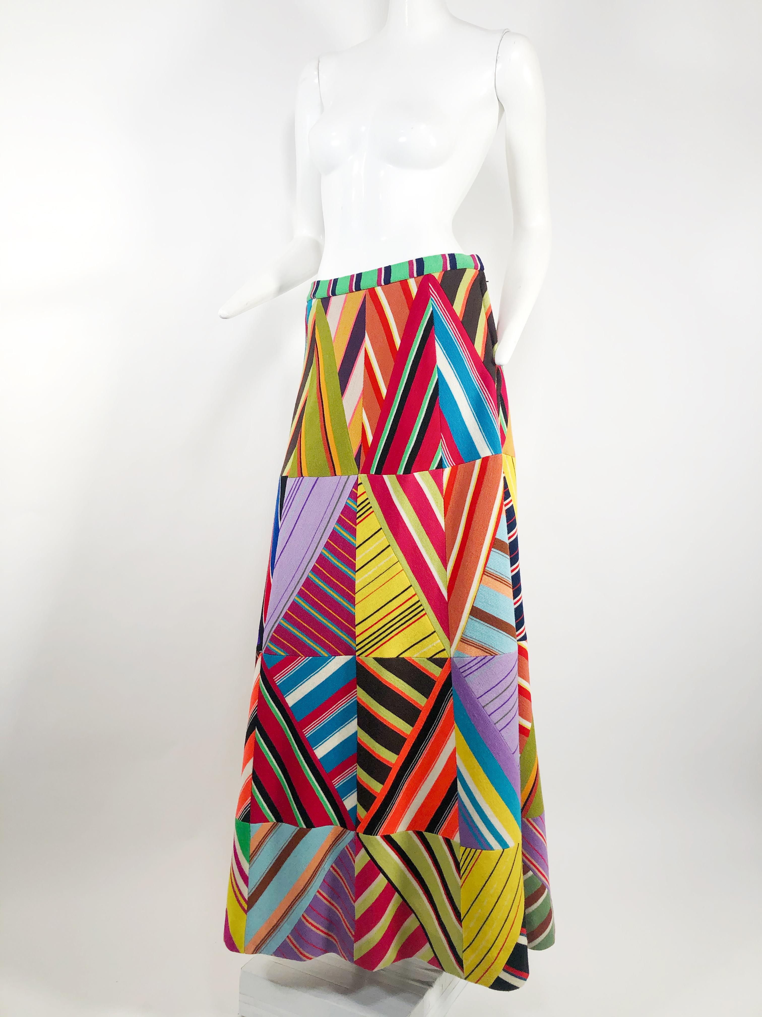 1970s Fine wool knit patchwork Modernist A-line maxi skirt originally sold at The Emporium. Lined. Spectacular color palette in abstract trapezoids. Excellent condition. Fits approximately a US size 2/4.