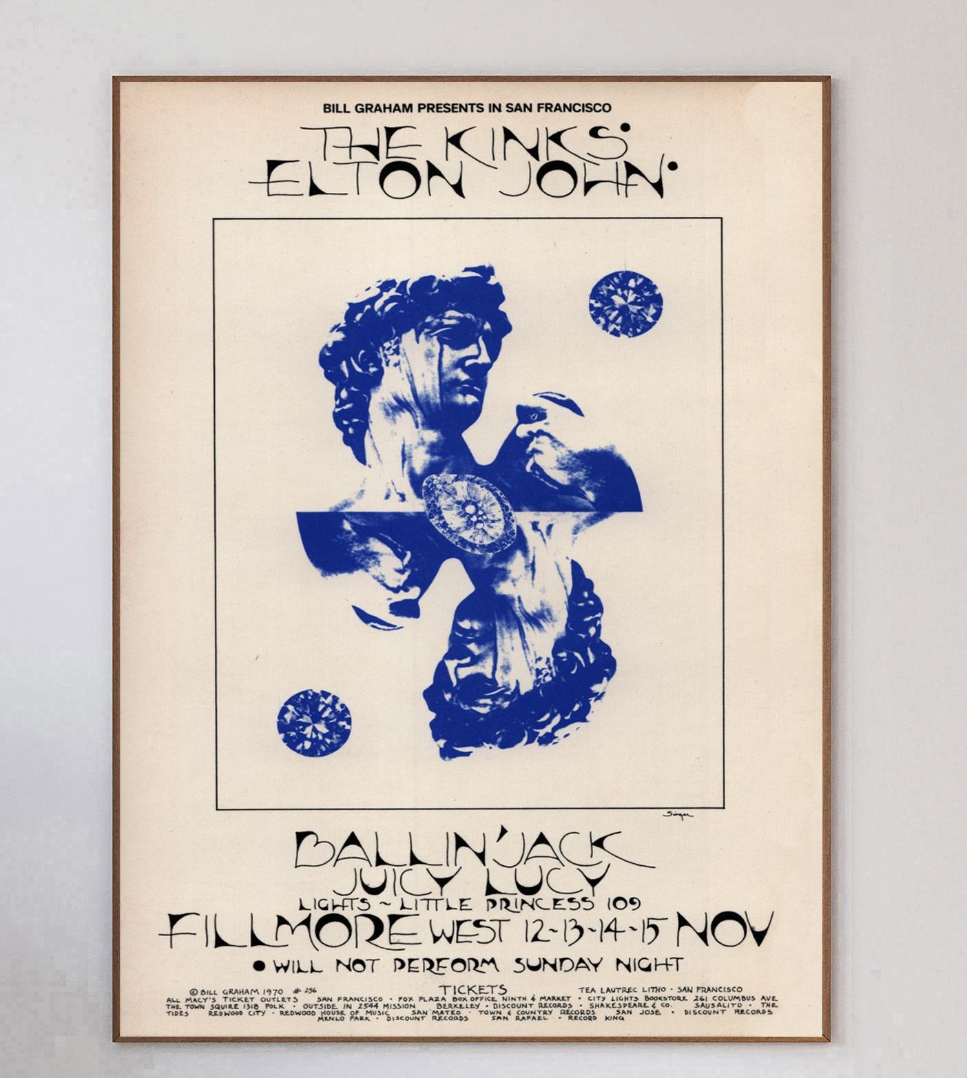 Dieses wunderschöne Plakat wurde 1970 von dem Konzertplakatkünstler David Singer entworfen, um ein Live-Konzert von The Kinks & Elton John im weltberühmten Fillmore West in San Francisco zu bewerben. Bill Graham-Veranstaltungen wie diese waren