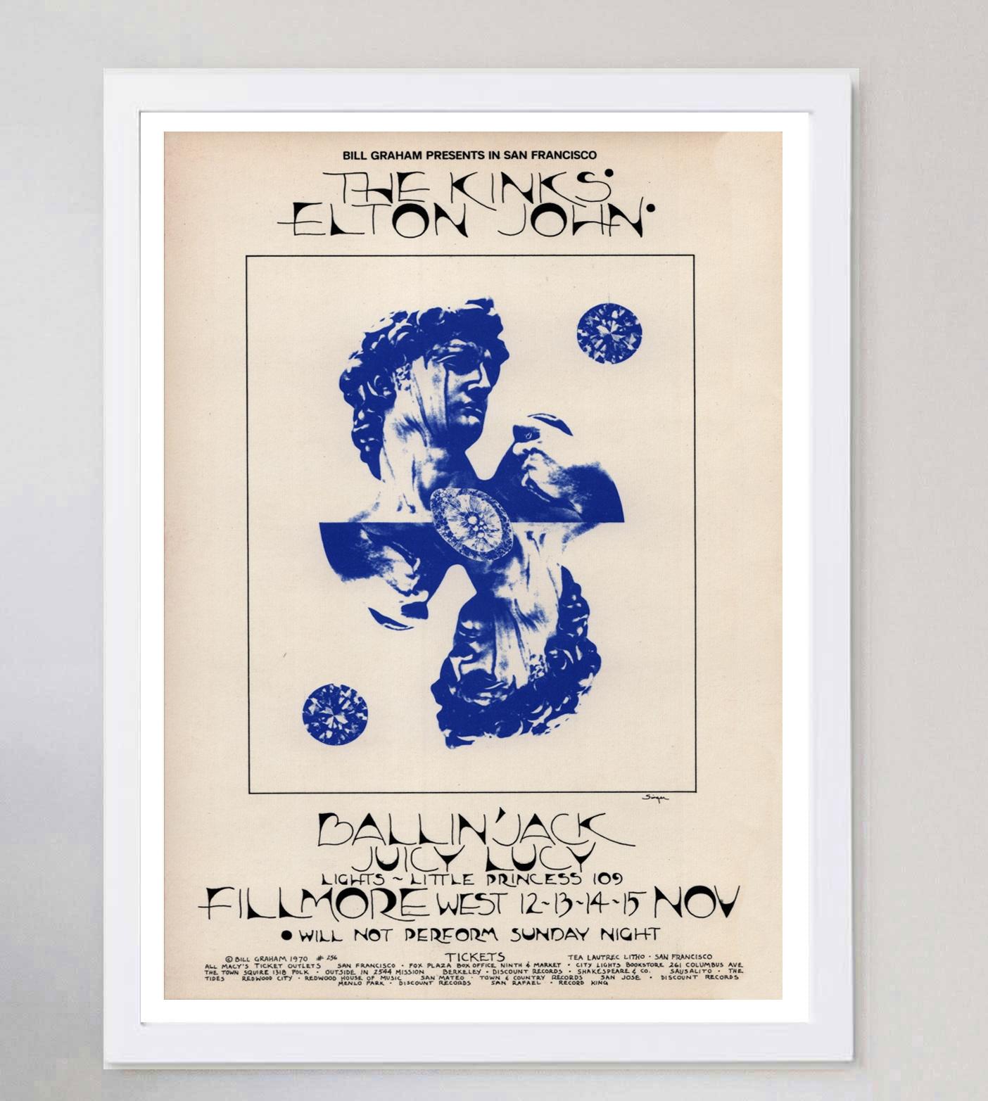 The Kinks & Elton John - Fillmore West - Affiche vintage originale de 1970 Bon état - En vente à Winchester, GB