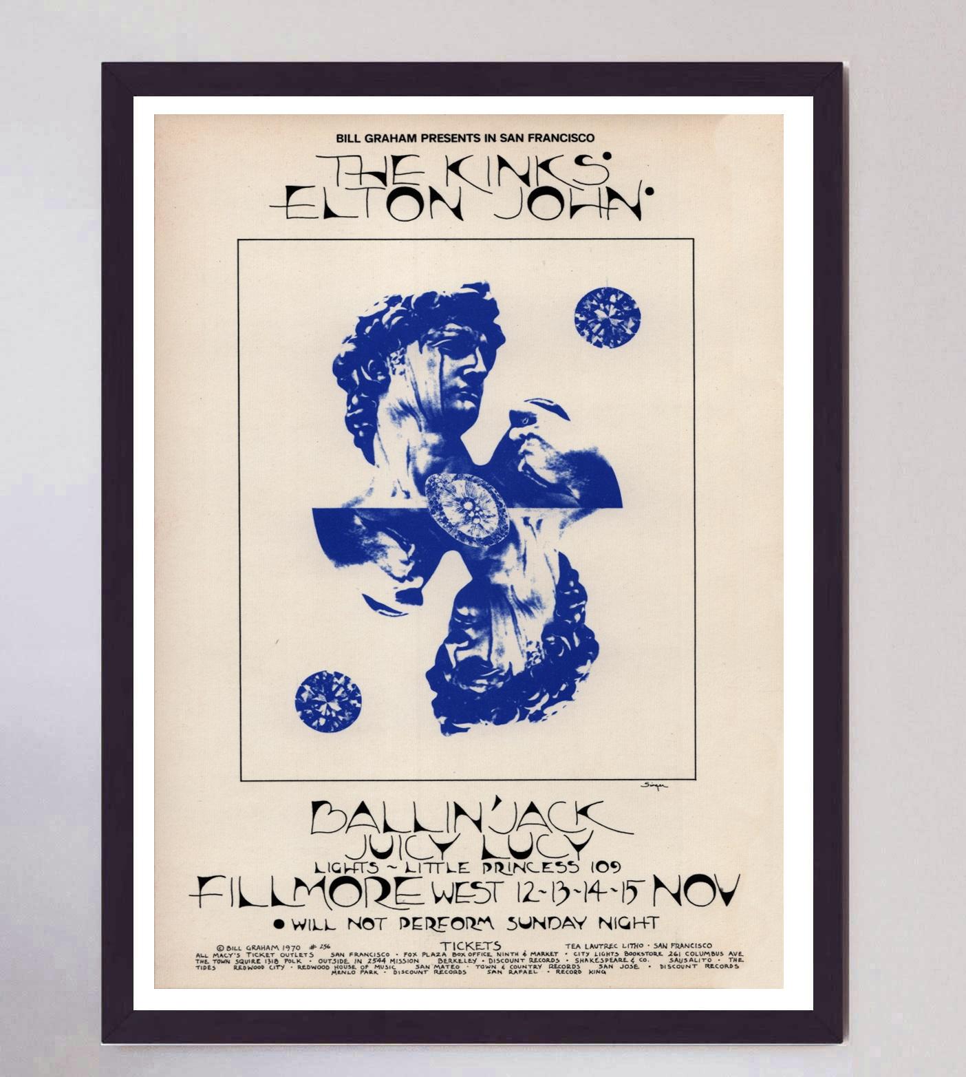 Late 20th Century 1970 The Kinks & Elton John - Fillmore West Original Vintage Poster For Sale