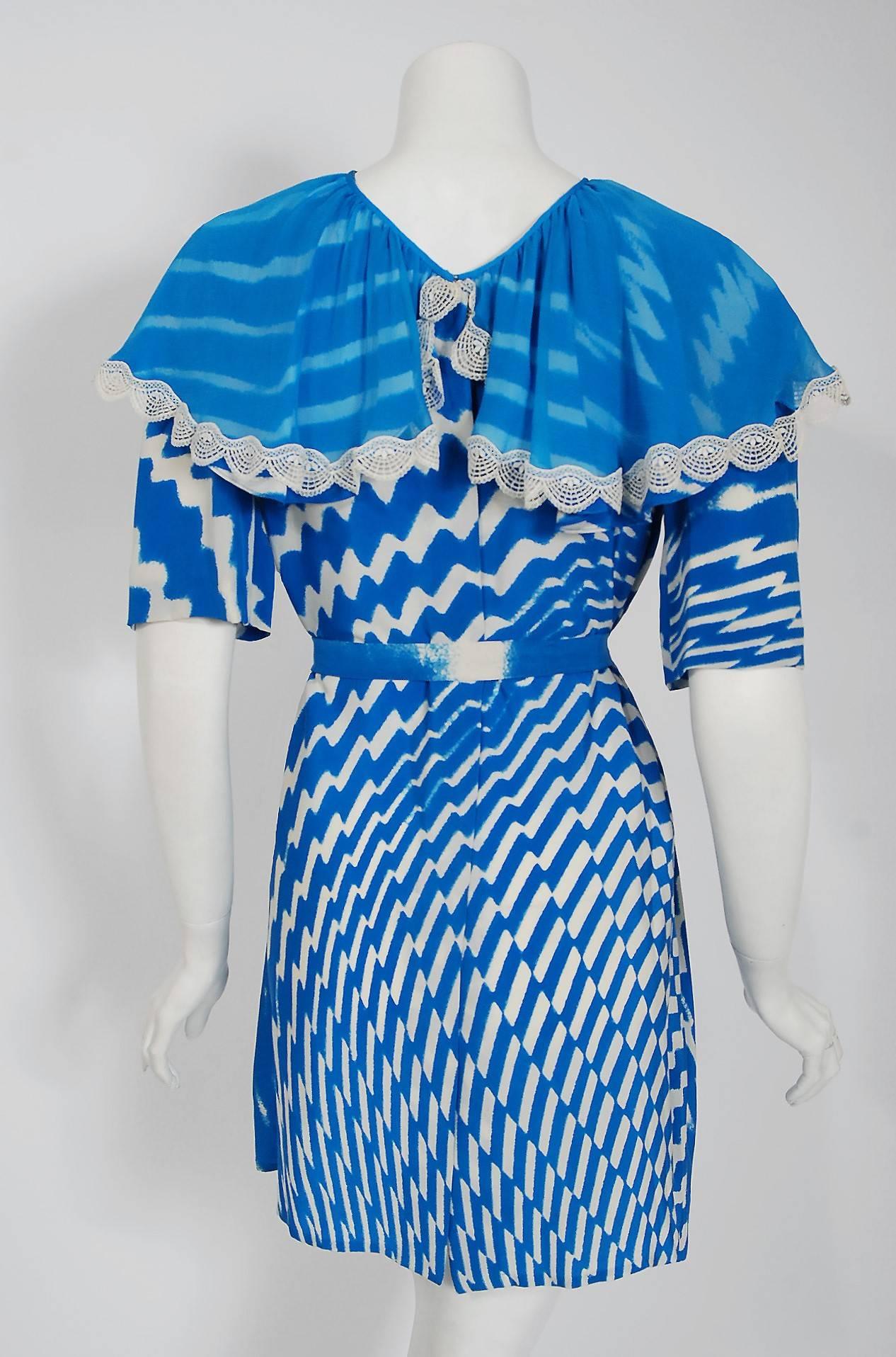 Vintage 1970 Thea Porter Couture Graphic Blue Silk Portrait Collar Tunic Dress 1