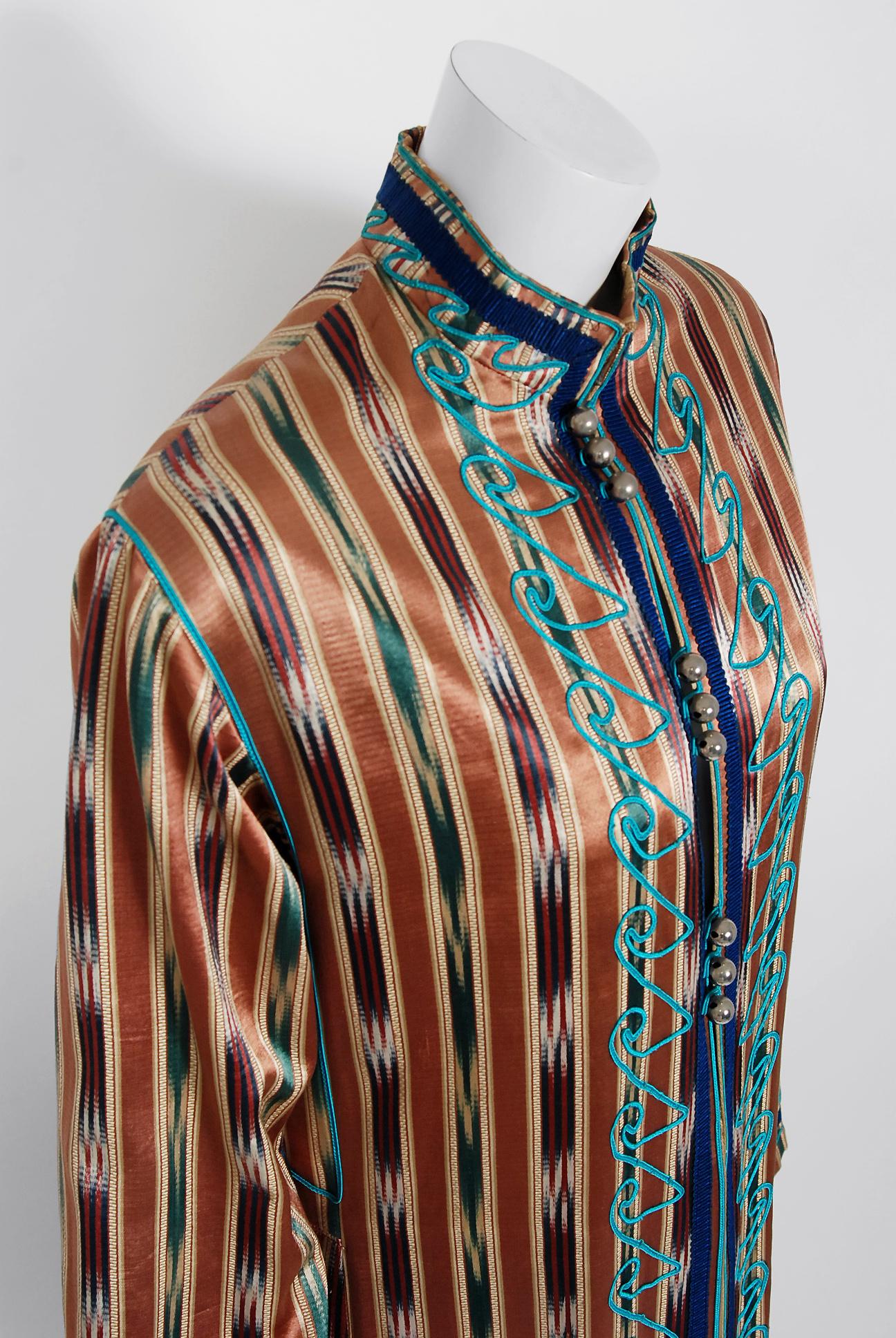 Black Vintage 1970 Thea Porter Couture Embroidered Ikat Silk Bohemian Maxi Coat Jacket