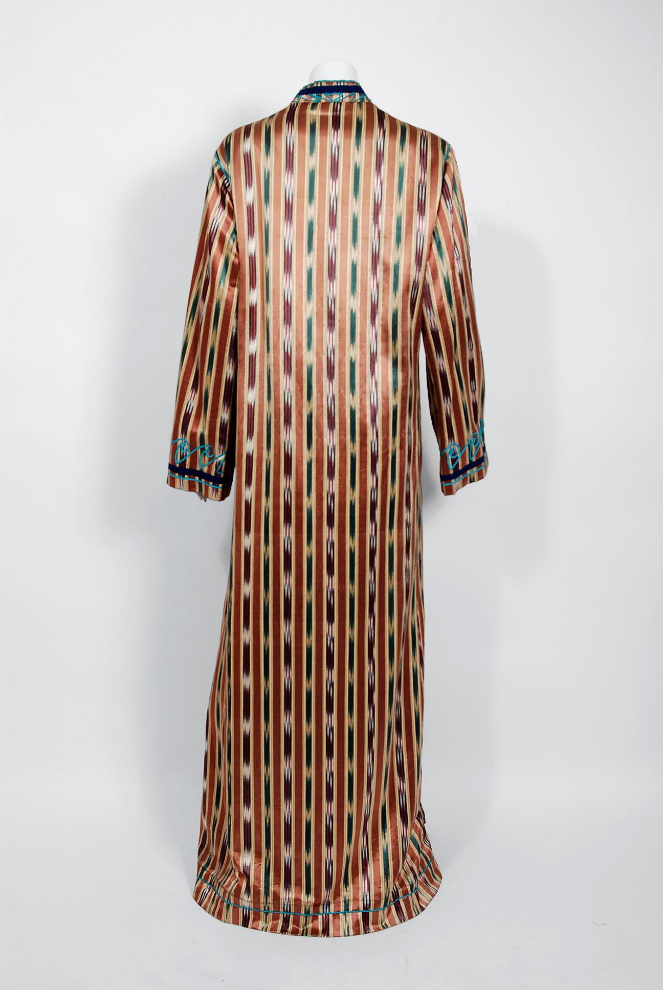 Vintage 1970 Thea Porter Couture Embroidered Ikat Silk Bohemian Maxi Coat Jacket 1