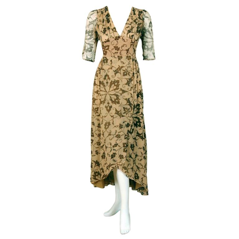 1970 Thea Porter Couture Gold Beige Print Smocked Silk-Chiffon Draped Dress