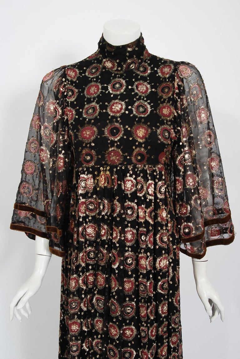 1970 Thea Porter Couture Metallic Embroidered Silk Chiffon Flutter ...