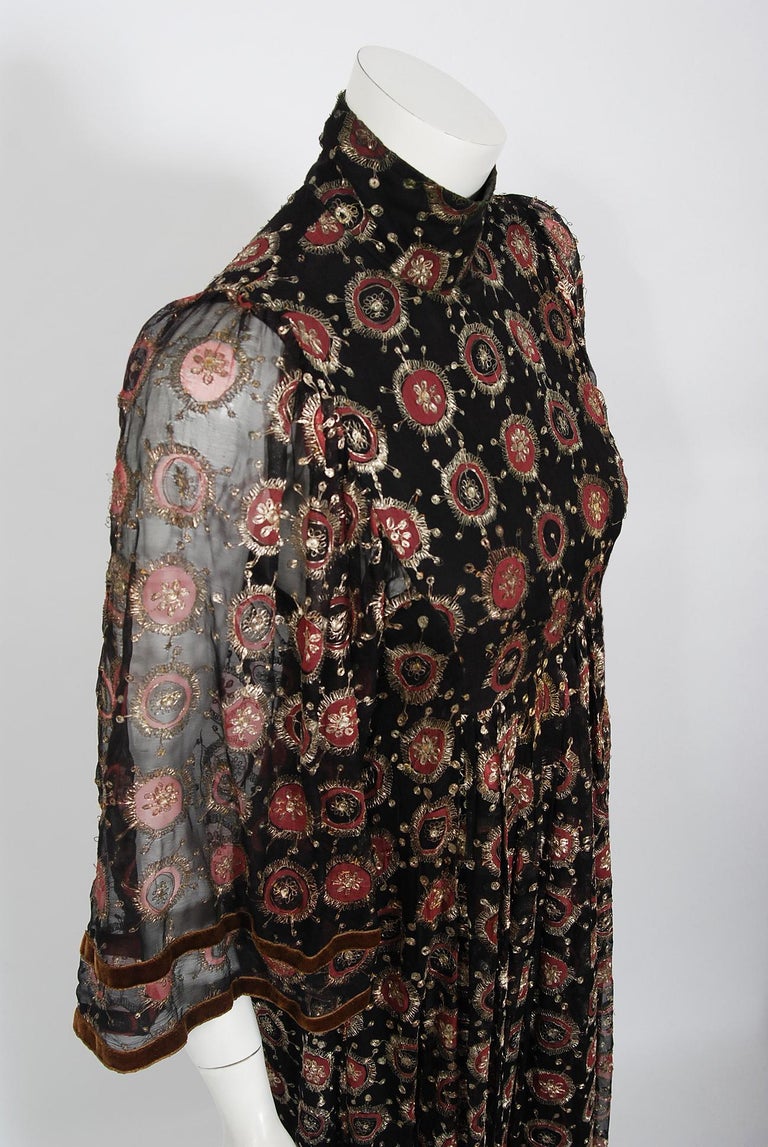 Rare 1960s Thea Porter Couture Printed Silk Chiffon Dress w Gold Sequins & Gold Metal Thread Detailing