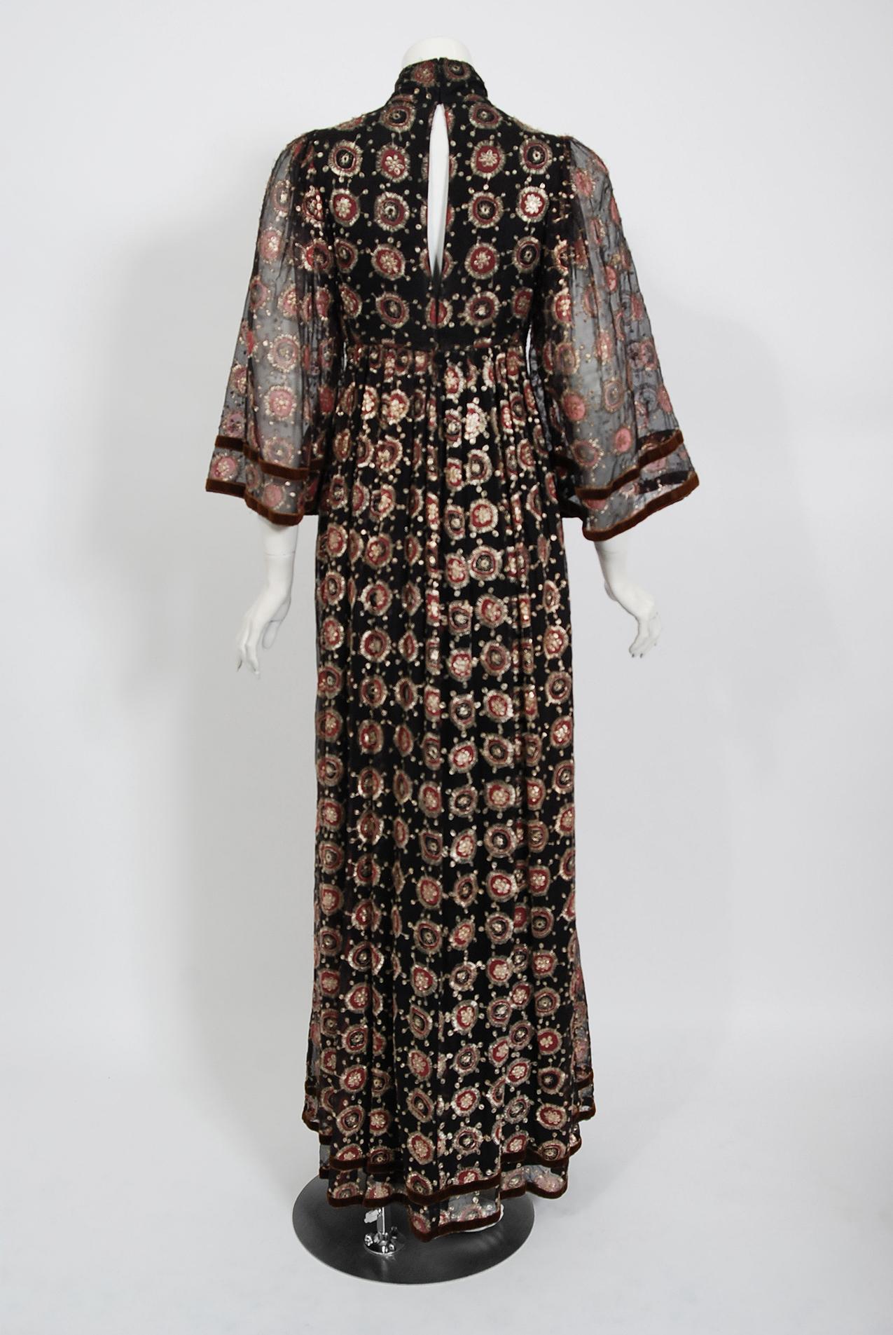 1970 Thea Porter Couture Metallic Embroidered Silk Chiffon Flutter-Sleeve Dress 1