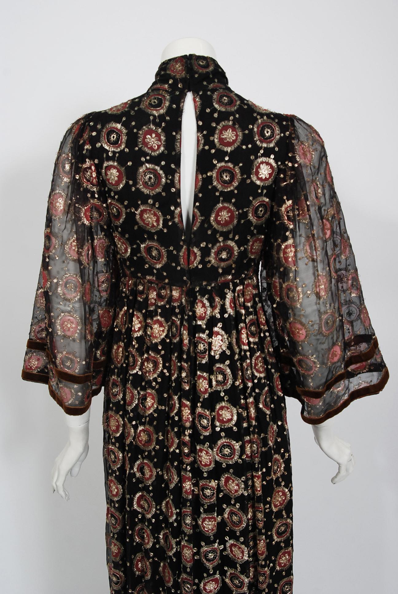 1970 Thea Porter Couture Metallic Embroidered Silk Chiffon Flutter-Sleeve Dress 2