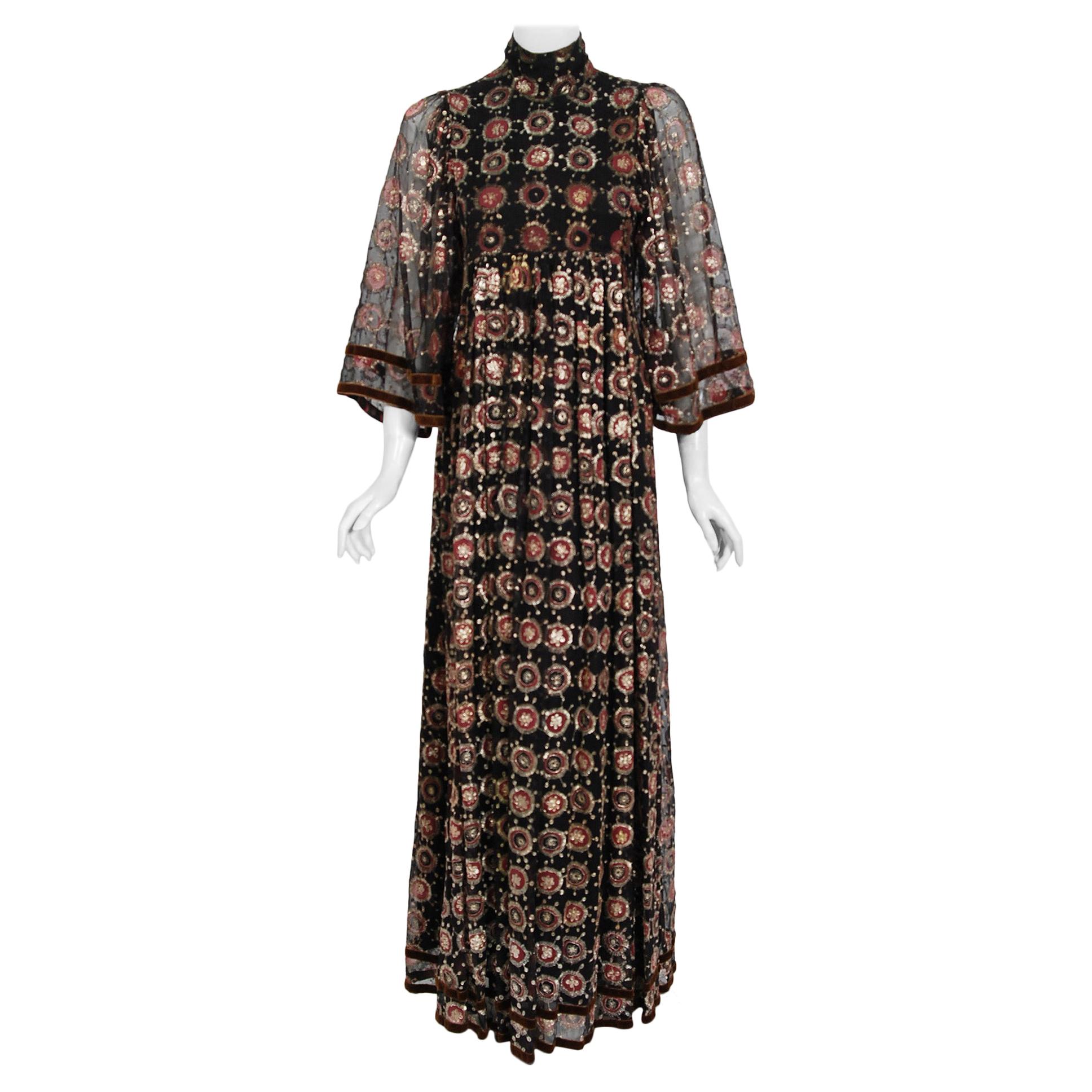 1970 Thea Porter Couture Metallic Embroidered Silk Chiffon Flutter-Sleeve Dress