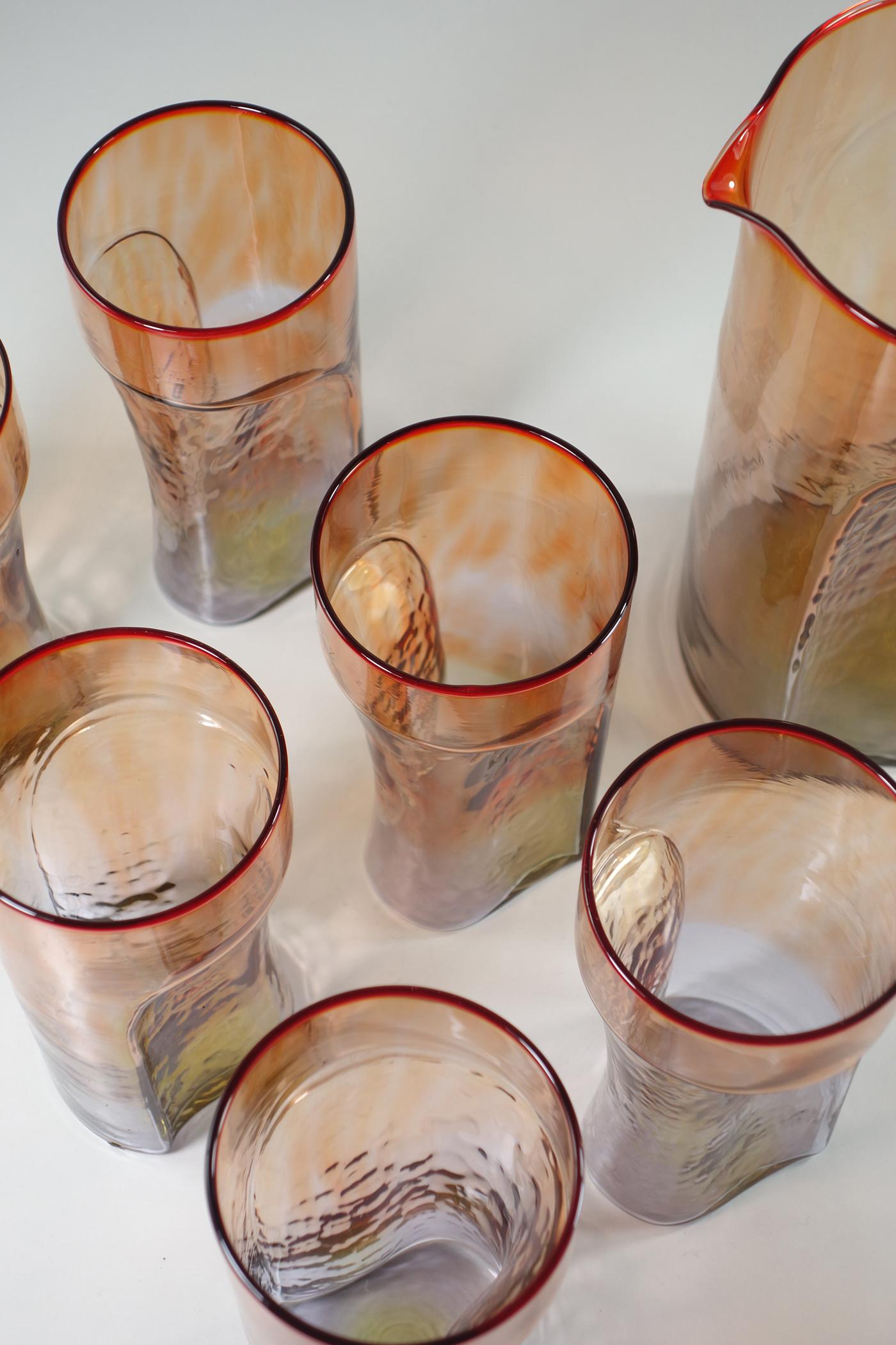 1970 Toni Zuccheri VeArt Diseño italiano Jarra de cristal de Murano Juego de 6 vasos en Excelente estado para la venta en Brescia, IT