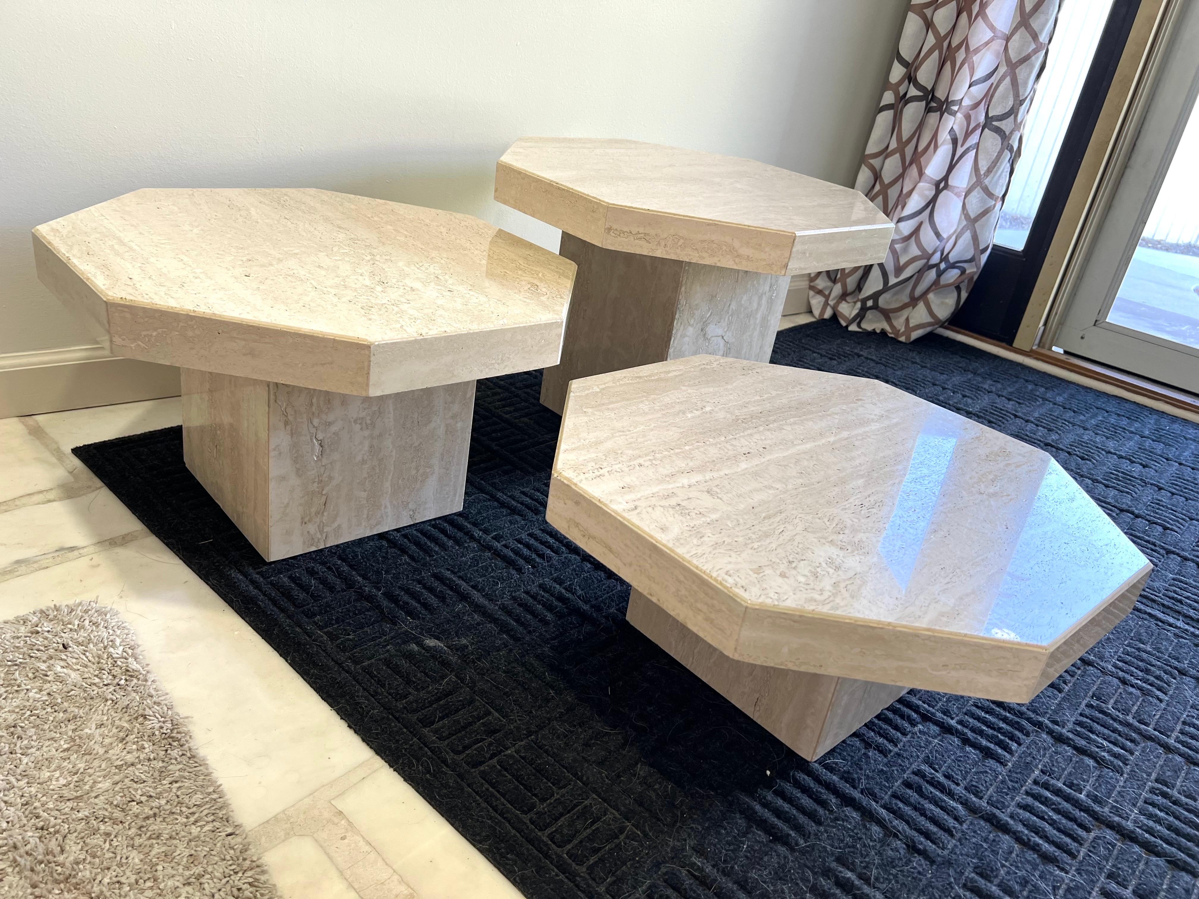 Italian 1970 Travertine Octagon Nested Tables - a Set of 3 For Sale