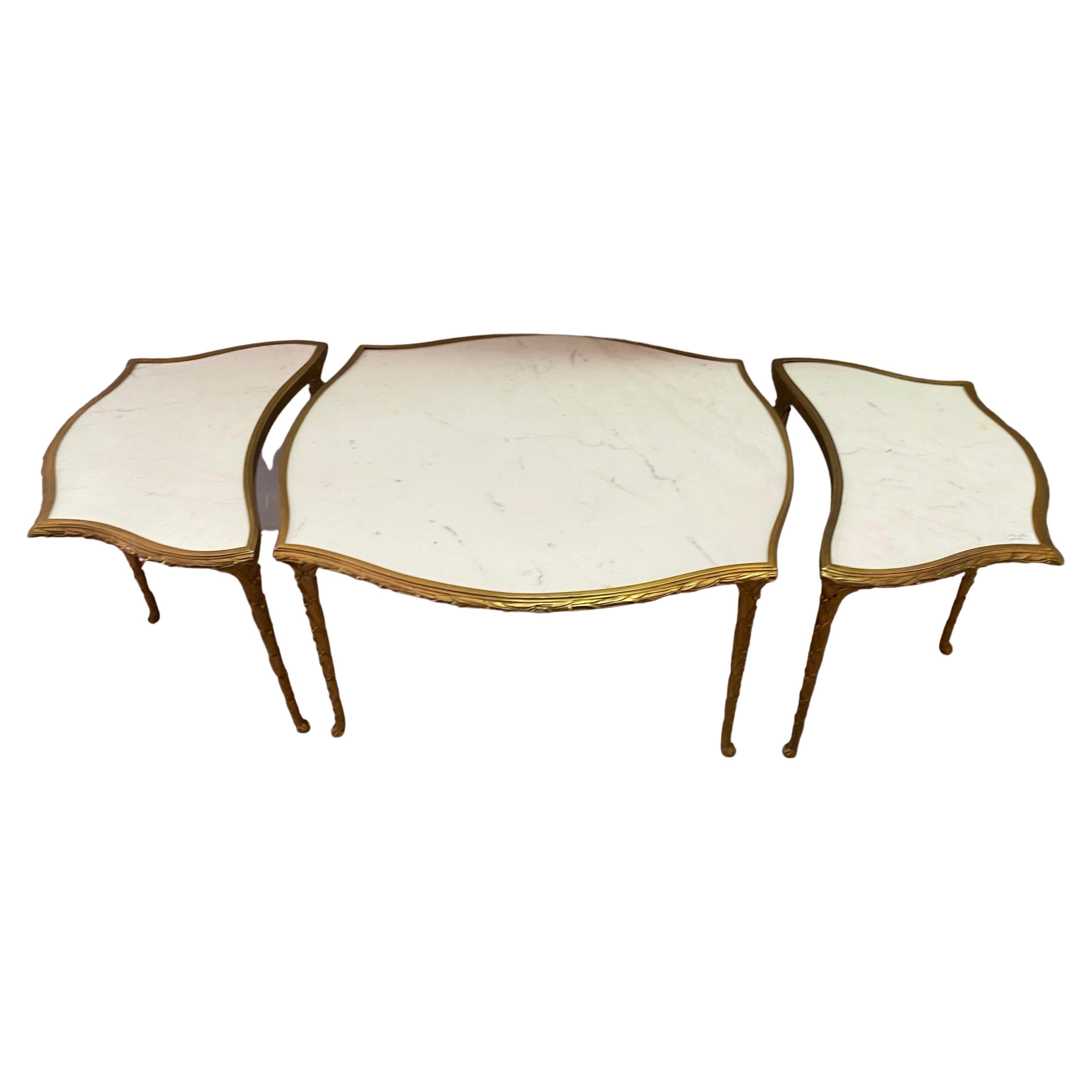 Table tripartite des années 1970 Maison Charles Crossbow, Jansen Or Bagus Décoration palmier en vente