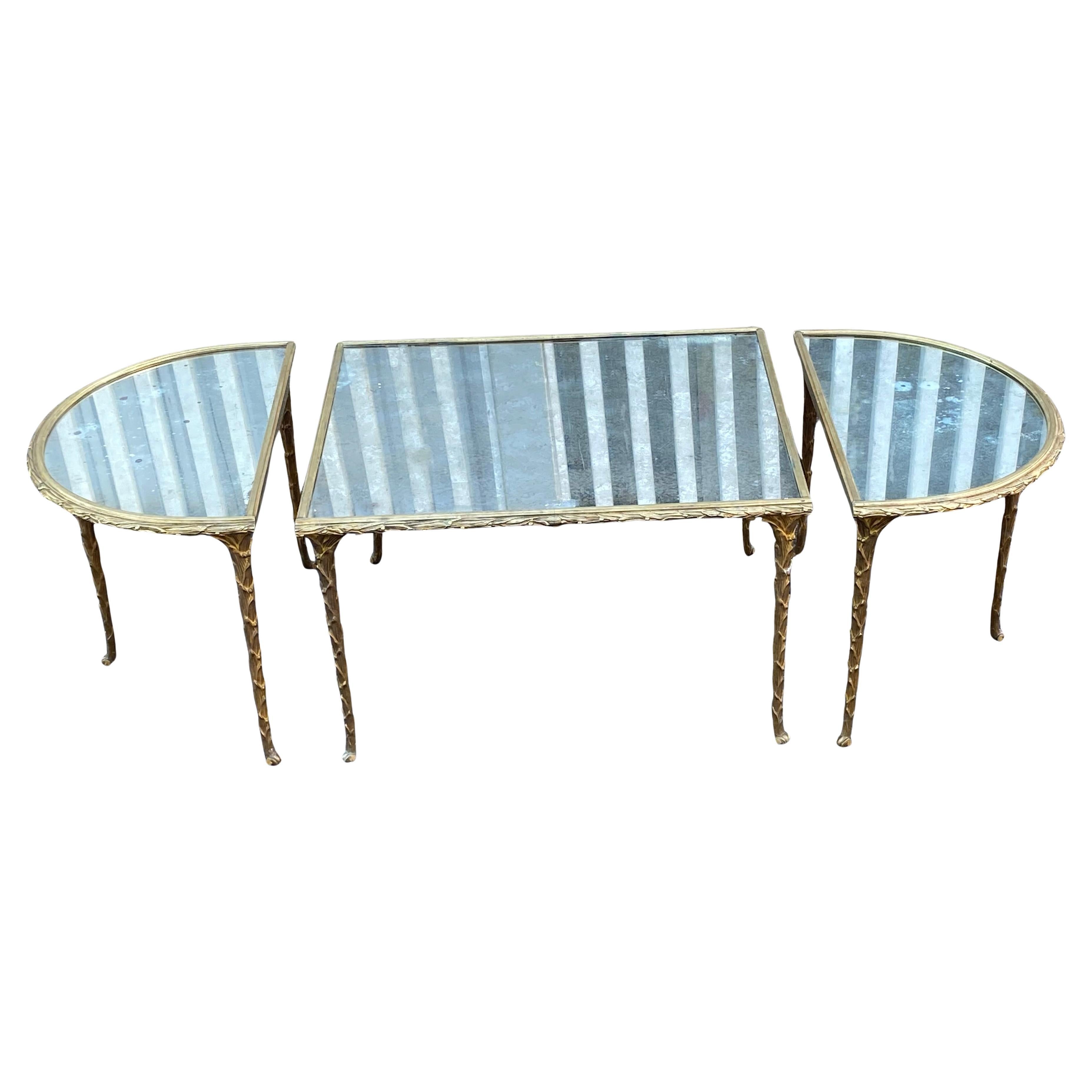 1970 Mesa tripartita Maison Charles, Jansen O Baguès Decoración de palmeras , Bronce