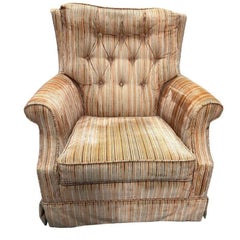 1970 Tuffted Velvet Gold Green Striped Swivel Arm Chair
