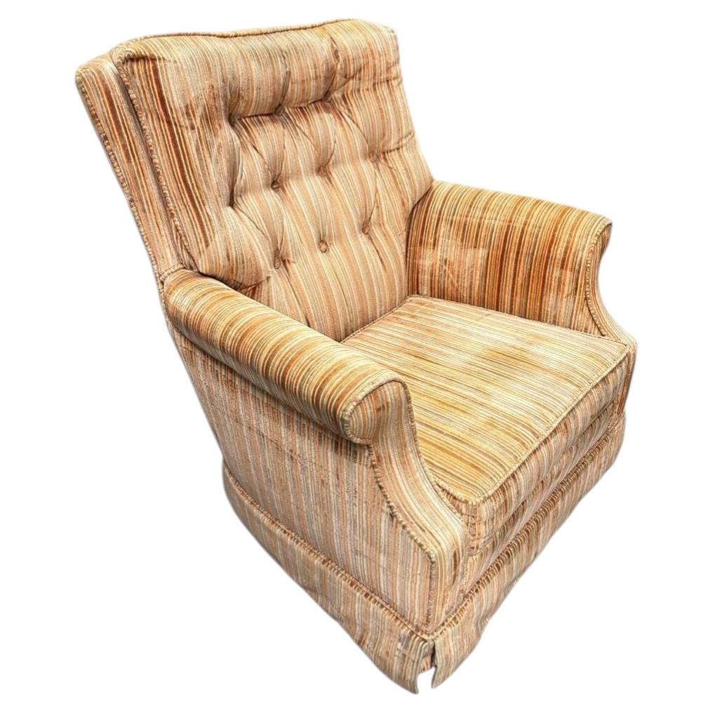 1970 Tuffted Velvet Gold Green Striped Swivel Arm Chair For Sale