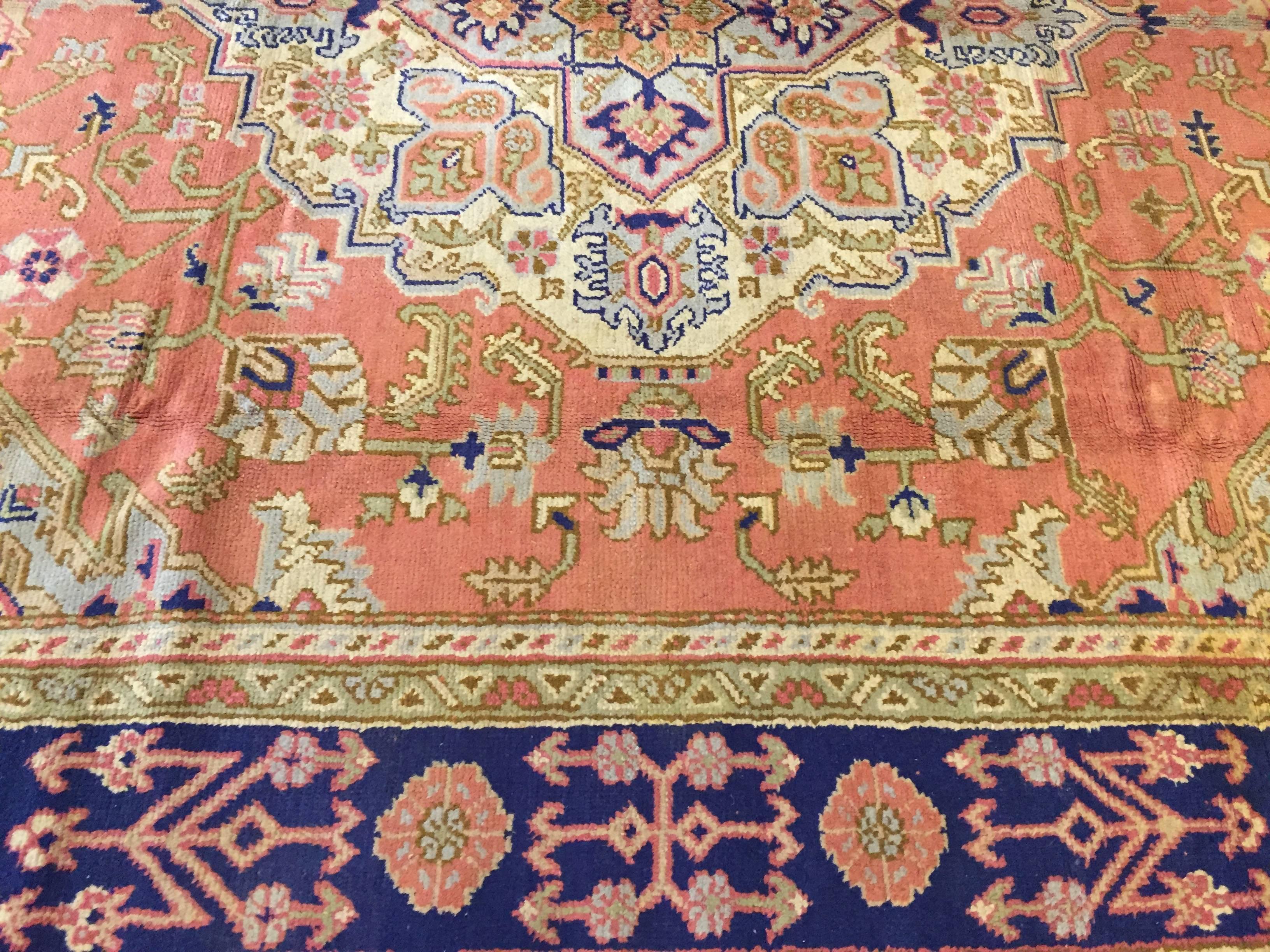1970 Turkey Oushak Hand-Knotted Central Medallion Pink Blue For Sale 5