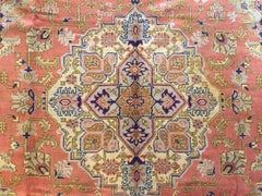 1970 Turkey Oushak Hand-Knotted Central Medallion Pink Blue