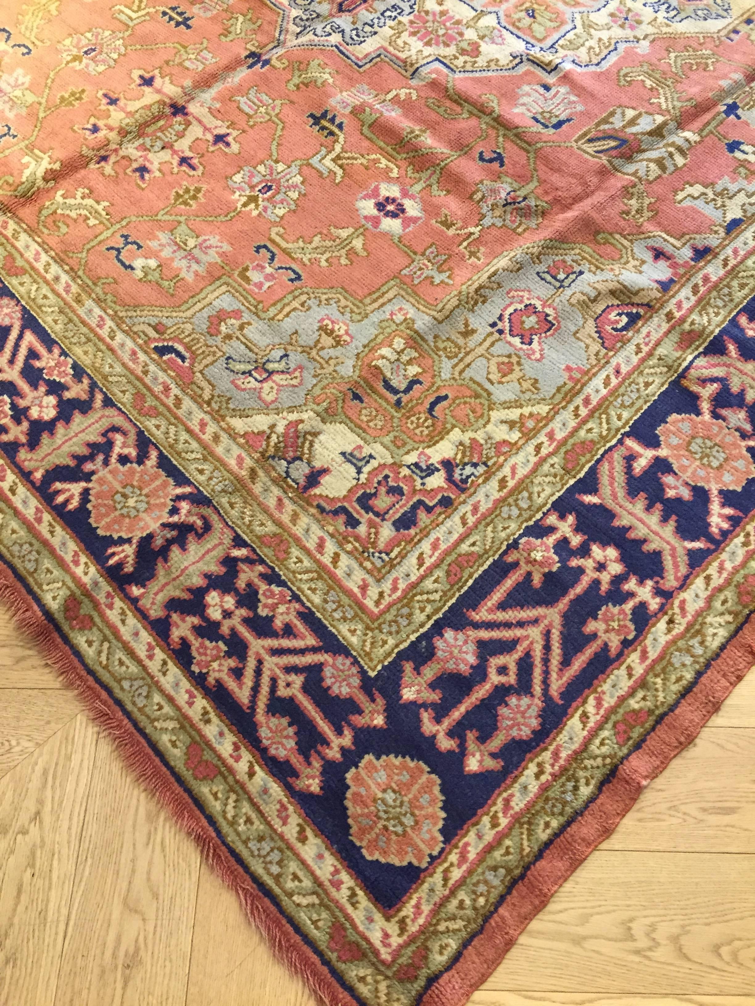 Turkish 1970 Turkey Oushak Hand-Knotted Central Medallion Pink Blue For Sale