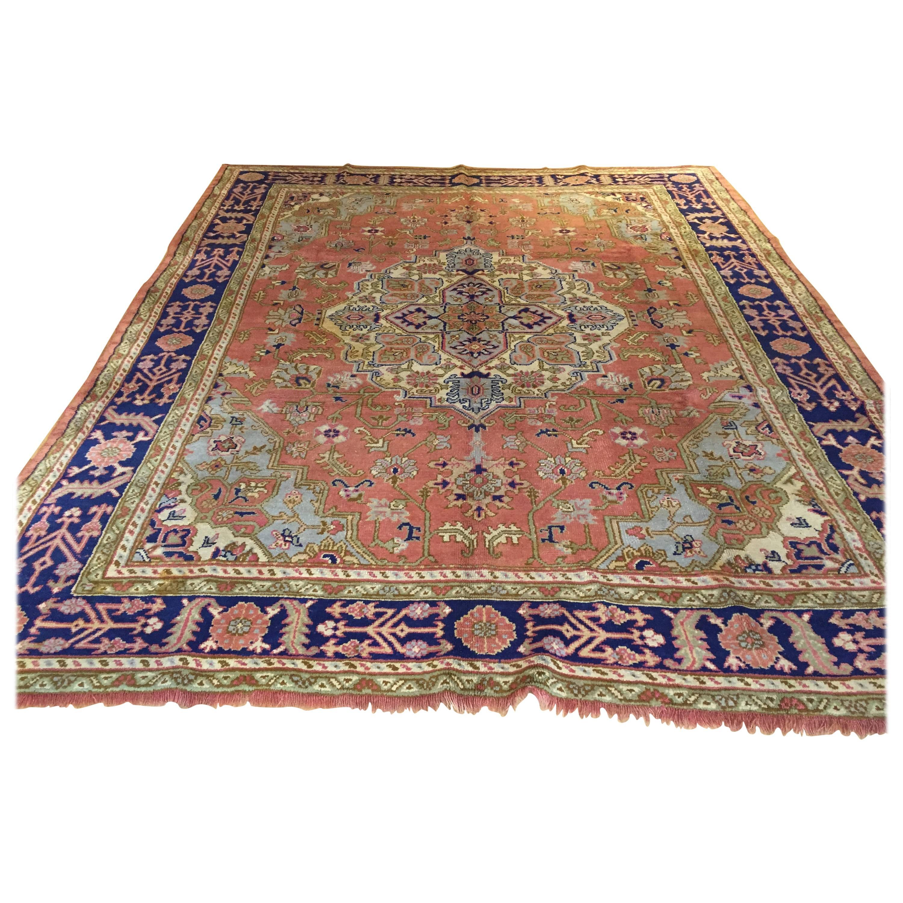 1970 Turkey Oushak Hand-Knotted Central Medallion Pink Blue For Sale