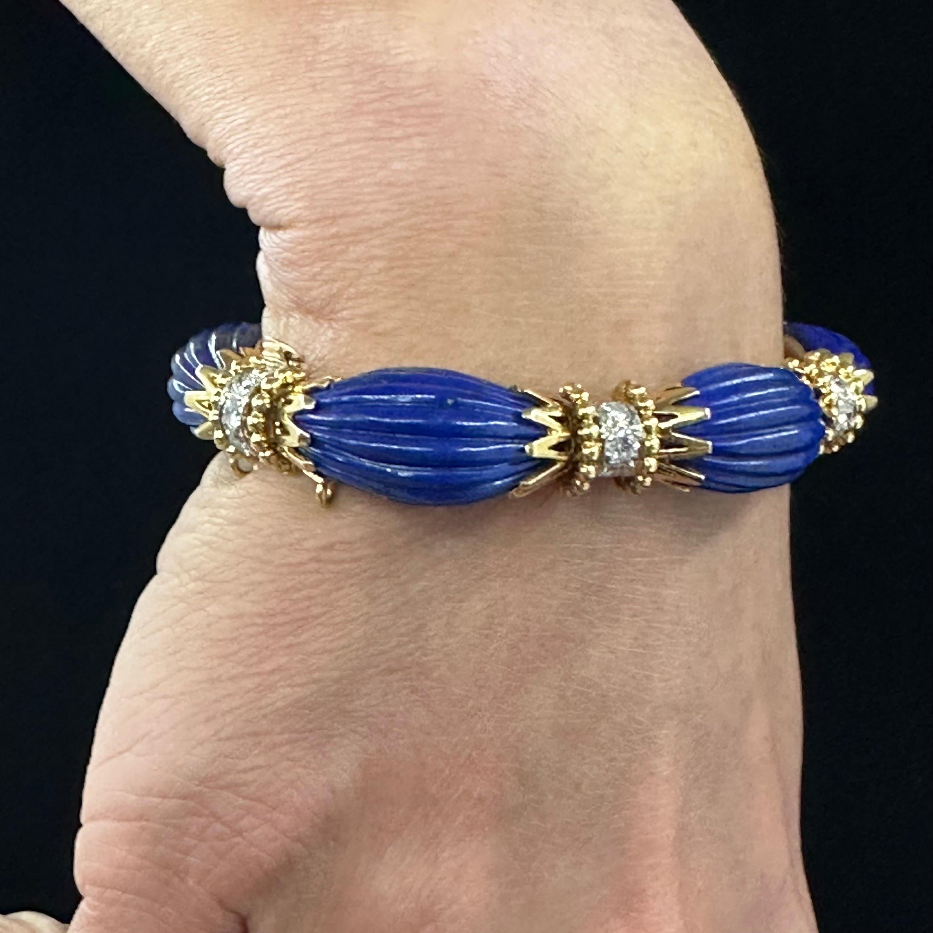 Brilliant Cut 1970 Van Cleef & Arpels Lapis Lazuli Diamond Bracelet 18k Yellow Gold 