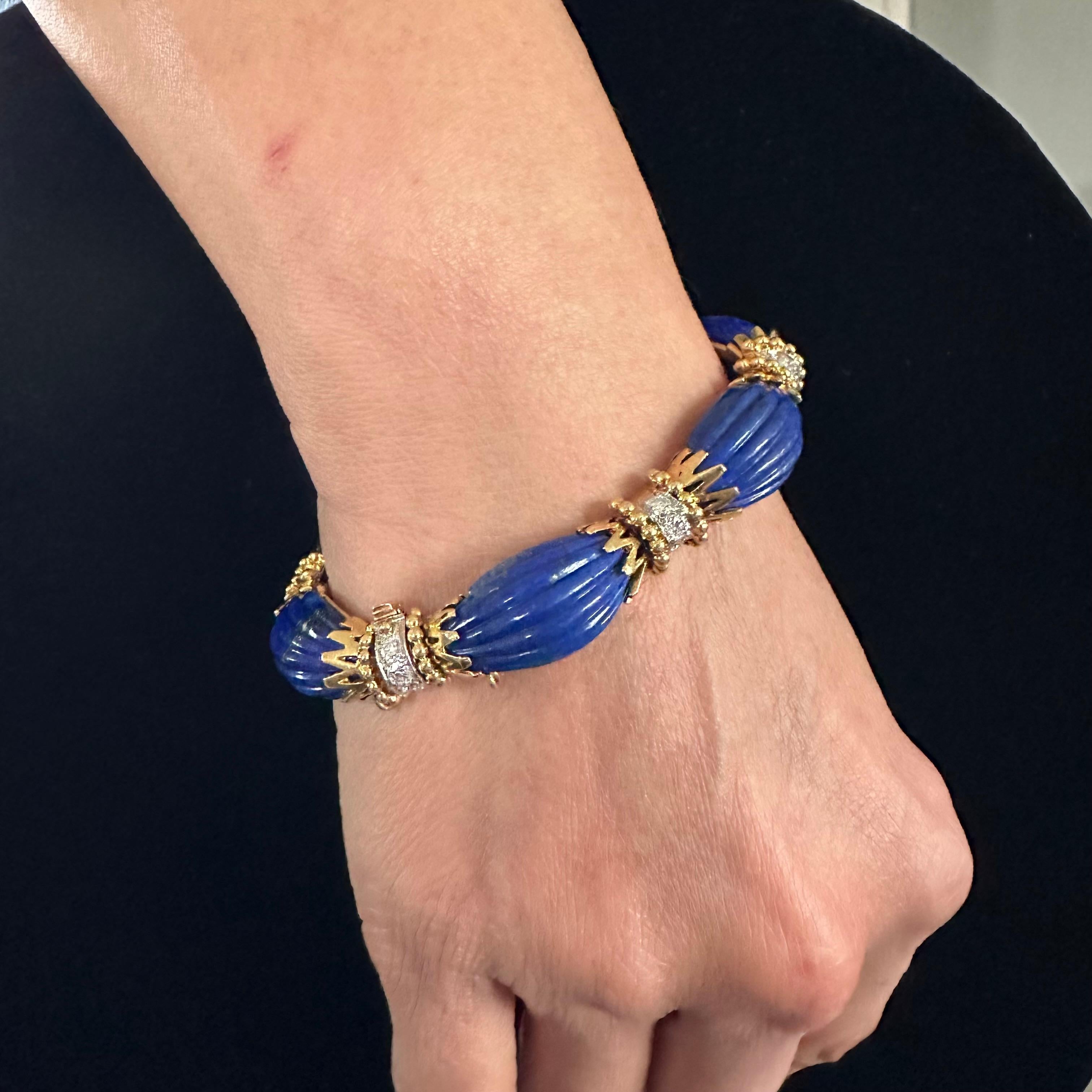 1970 Van Cleef & Arpels Lapis Lazuli Diamond Bracelet 18k Yellow Gold  In Good Condition For Sale In Beverly Hills, CA
