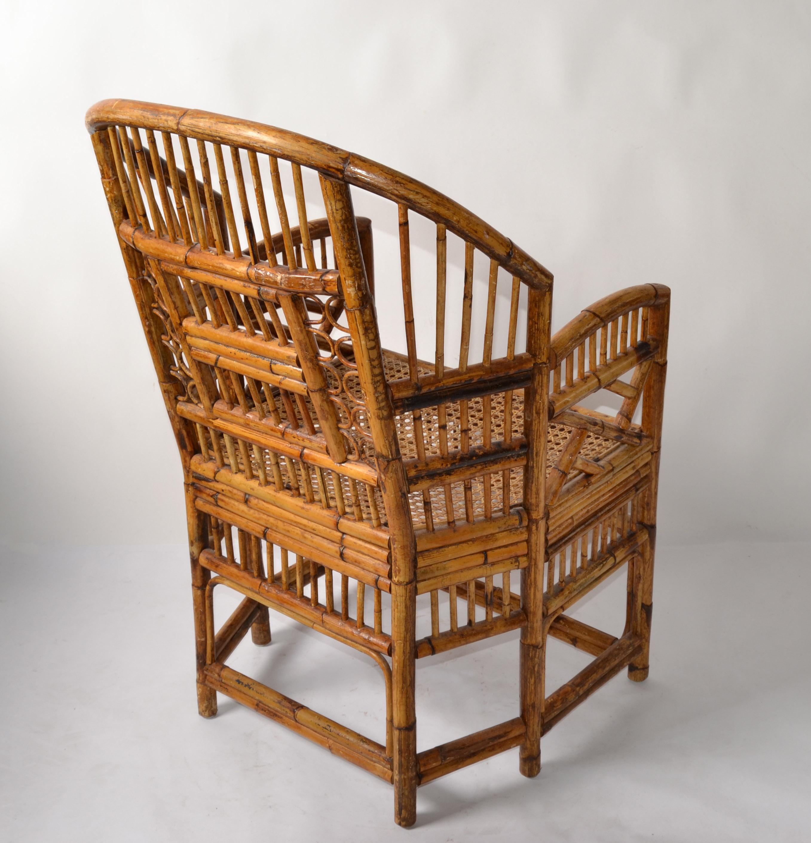 1970 Vintage Brighton Chinoiserie Rattan Burnt Bamboo Caning Split Reed Armchair For Sale 1