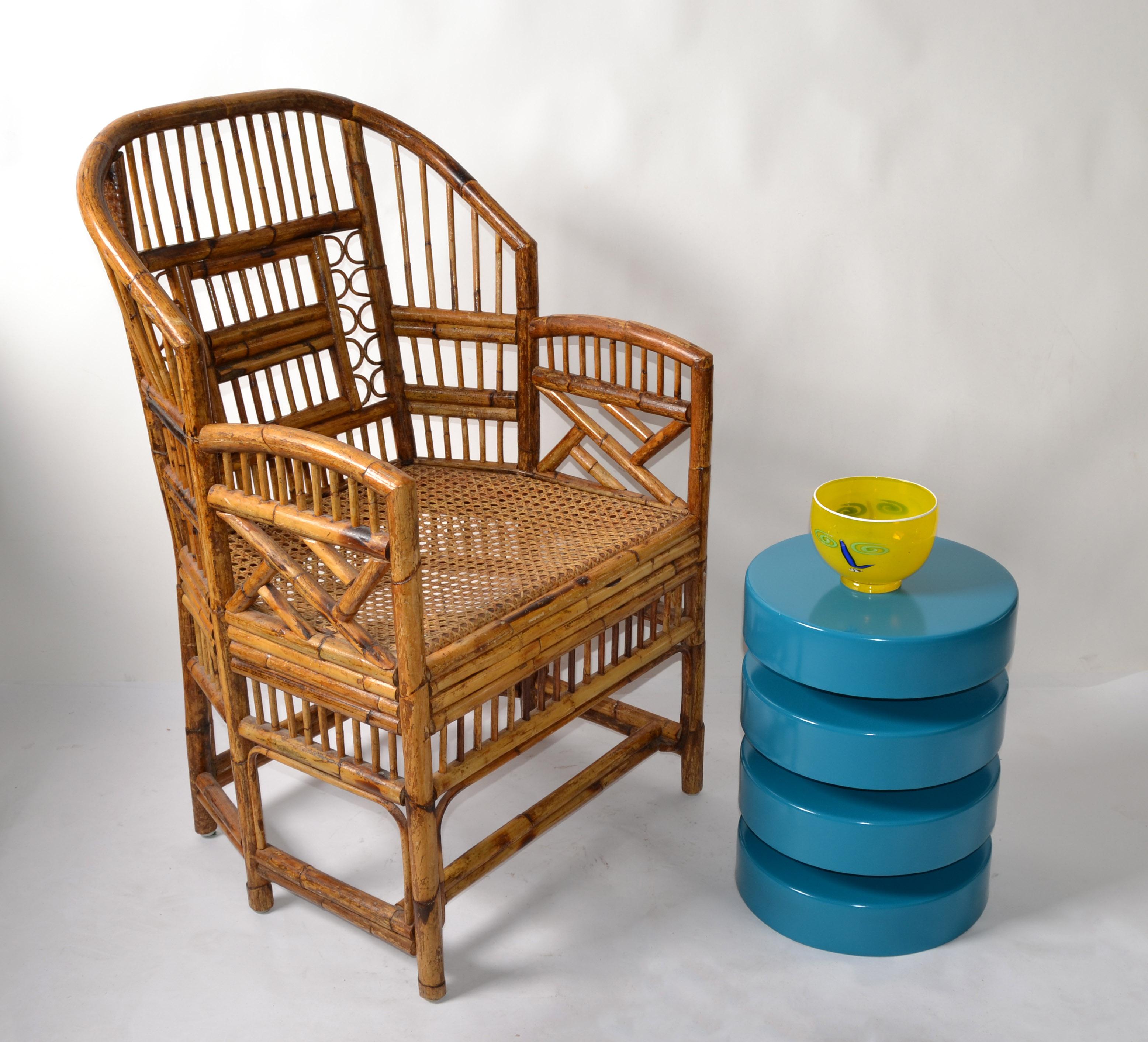 1970 Vintage Brighton Chinoiserie Rattan Burnt Bamboo Caning Split Reed Armchair For Sale 3