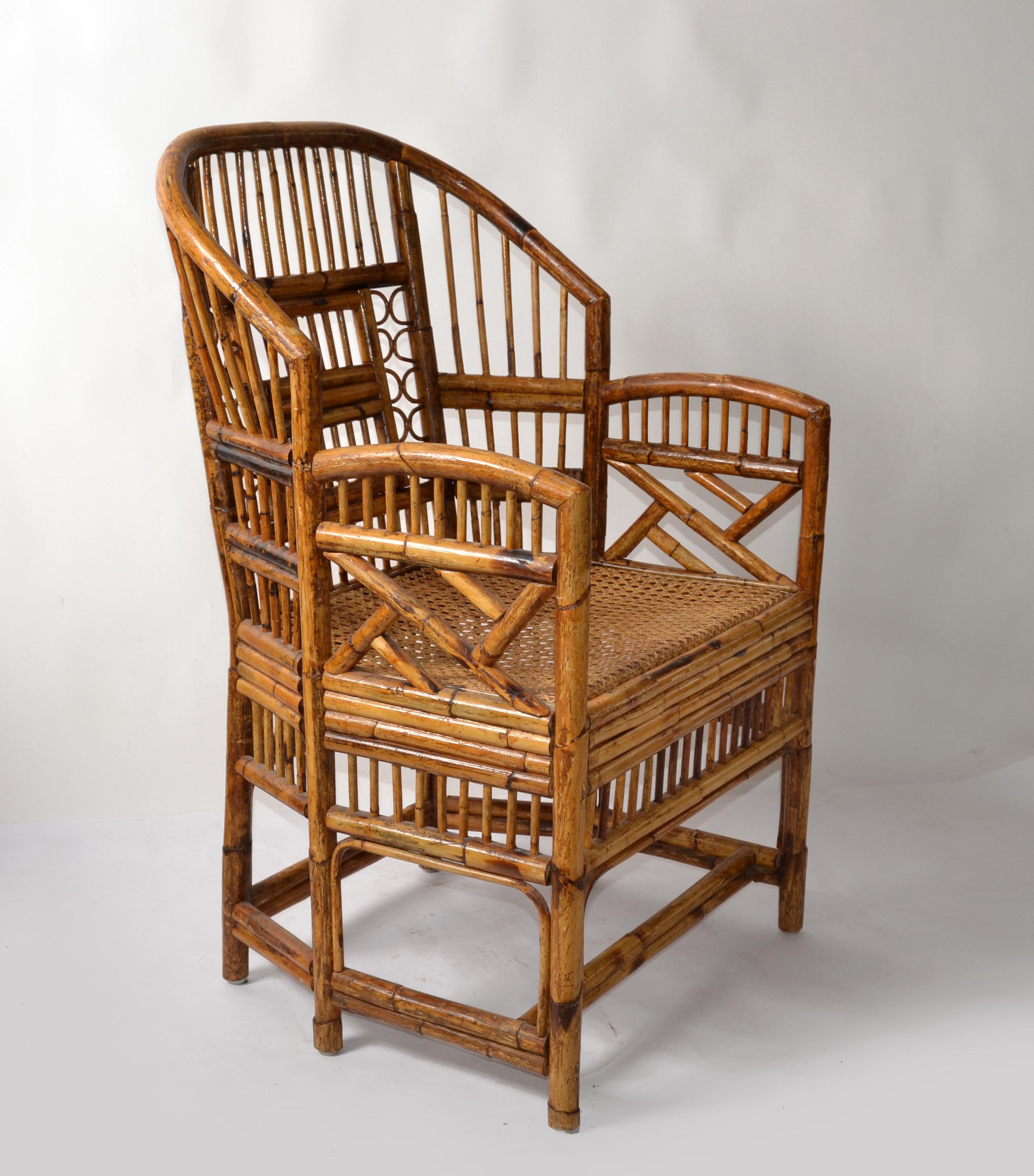 Vintage burnt bamboo, caning and split reed armchair on six legs. This is a handcrafted chair with woven cane seat features bamboo frames and Chinese inspired bamboo patterns.
The backrests are designed with an extraordinary pattern as shown in the