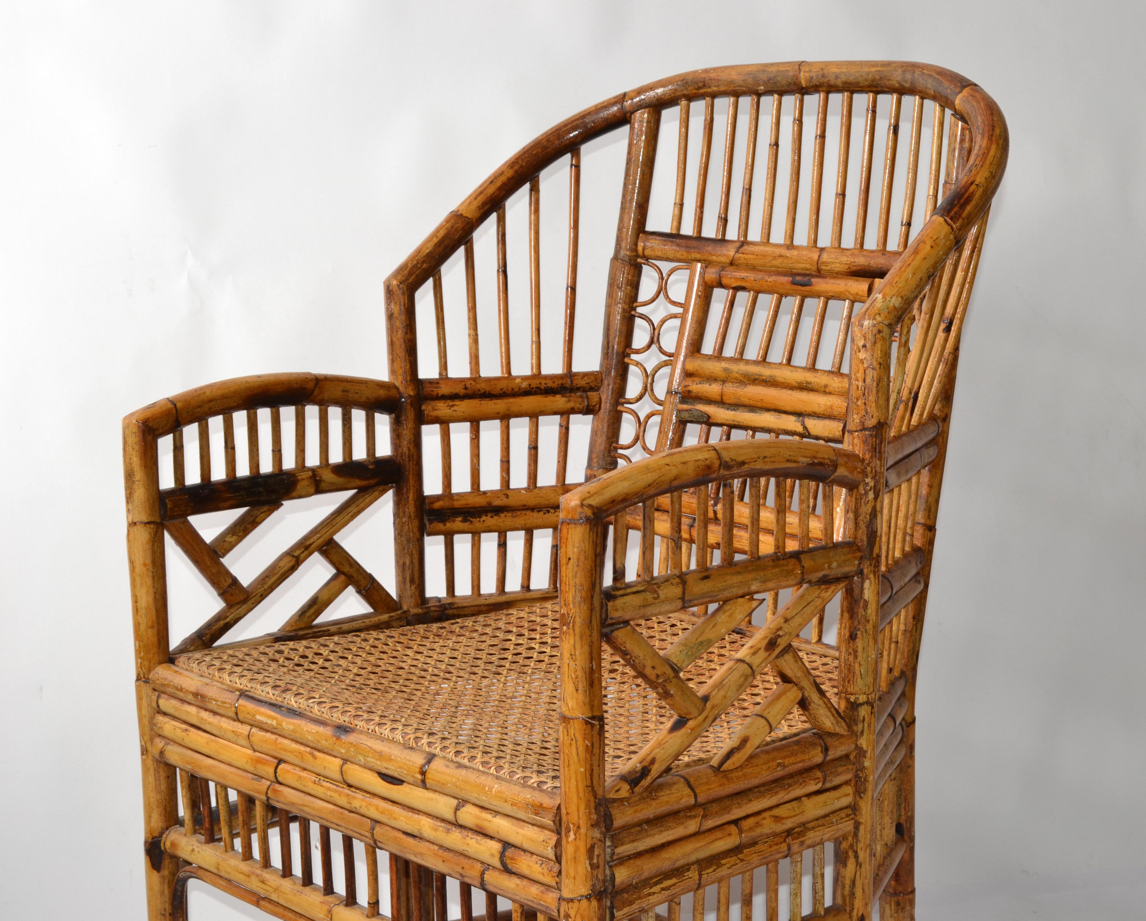 Chinese Chippendale 1970 Vintage Brighton Chinoiserie Rattan Burnt Bamboo Caning Split Reed Armchair For Sale