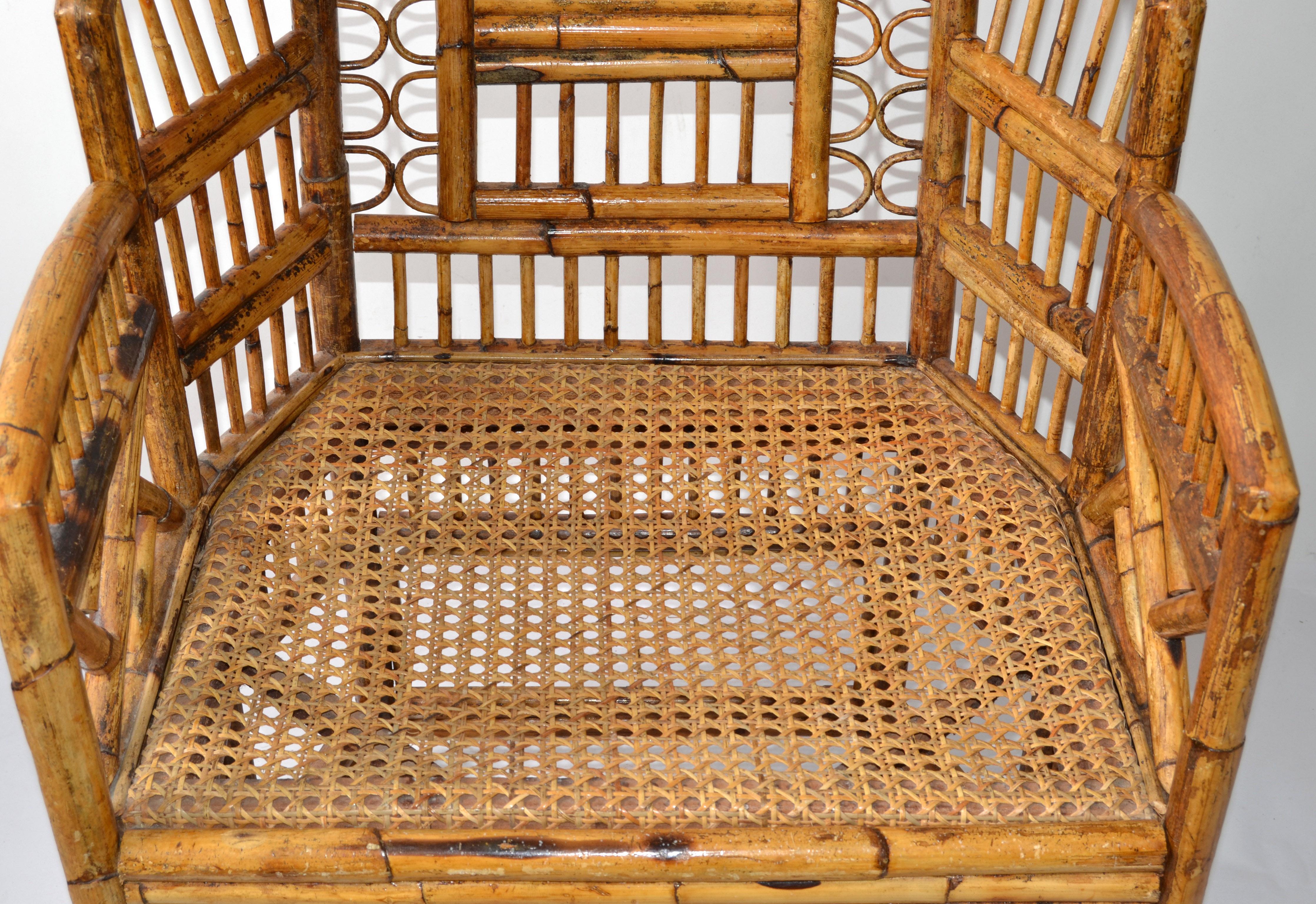 Hand-Woven 1970 Vintage Brighton Chinoiserie Rattan Burnt Bamboo Caning Split Reed Armchair For Sale