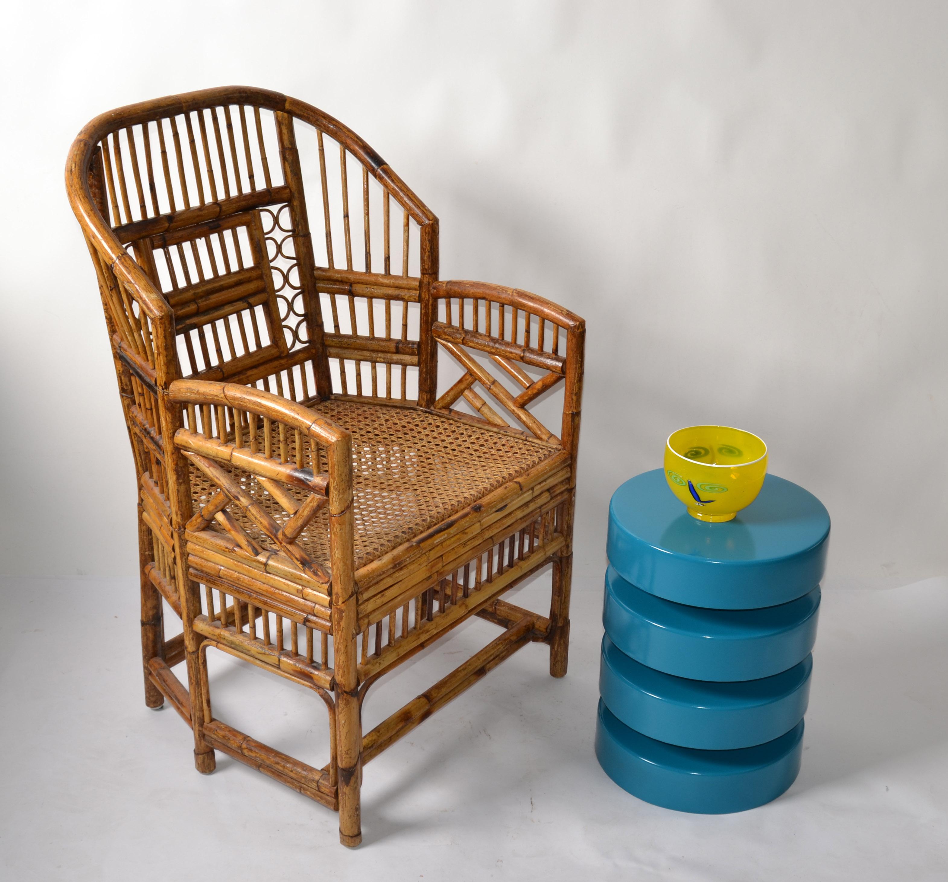 1970 Vintage Brighton Chinoiserie Rattan Burnt Bamboo Caning Split Reed Armchair In Good Condition For Sale In Miami, FL