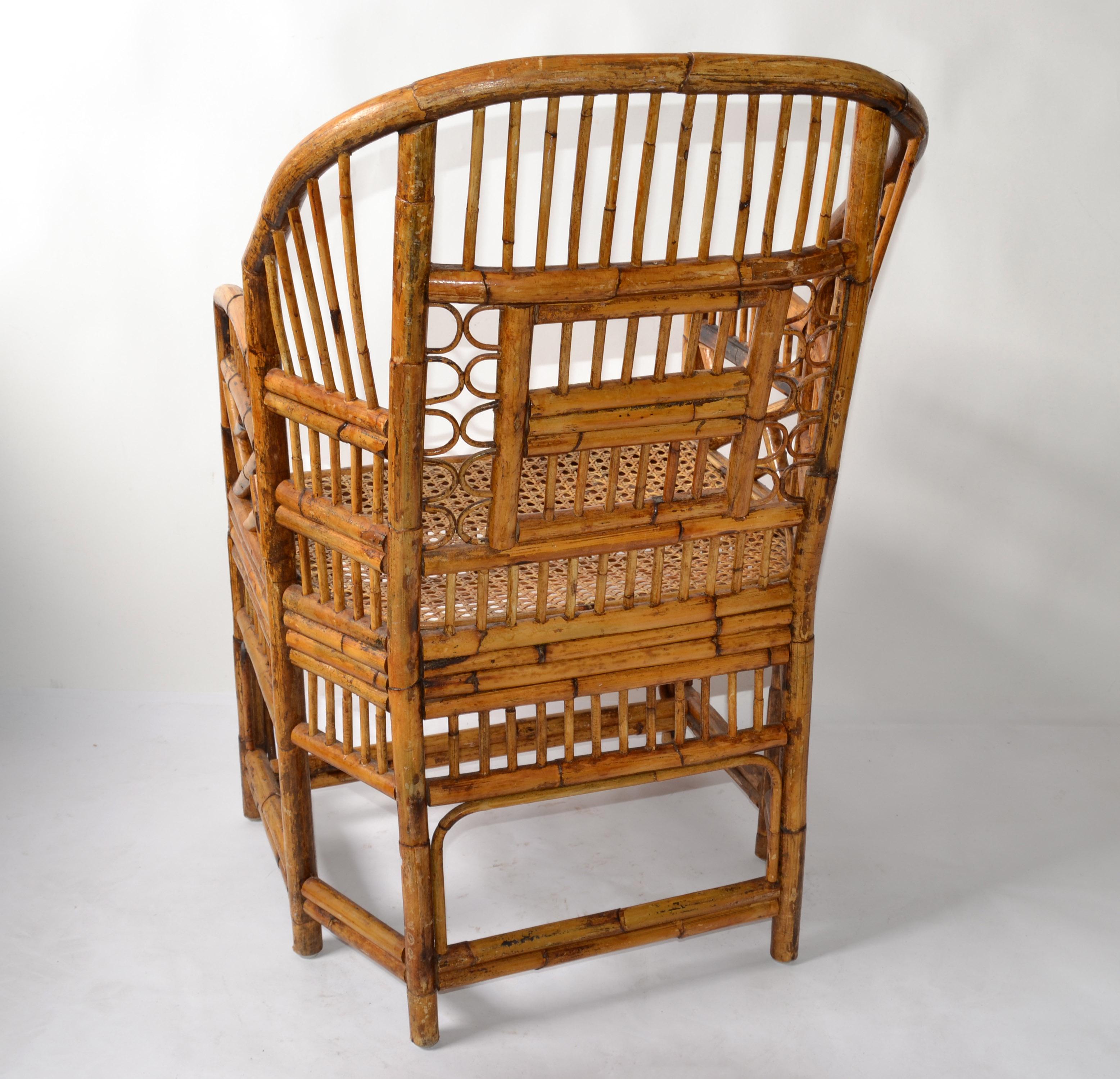 20th Century 1970 Vintage Brighton Chinoiserie Rattan Burnt Bamboo Caning Split Reed Armchair For Sale