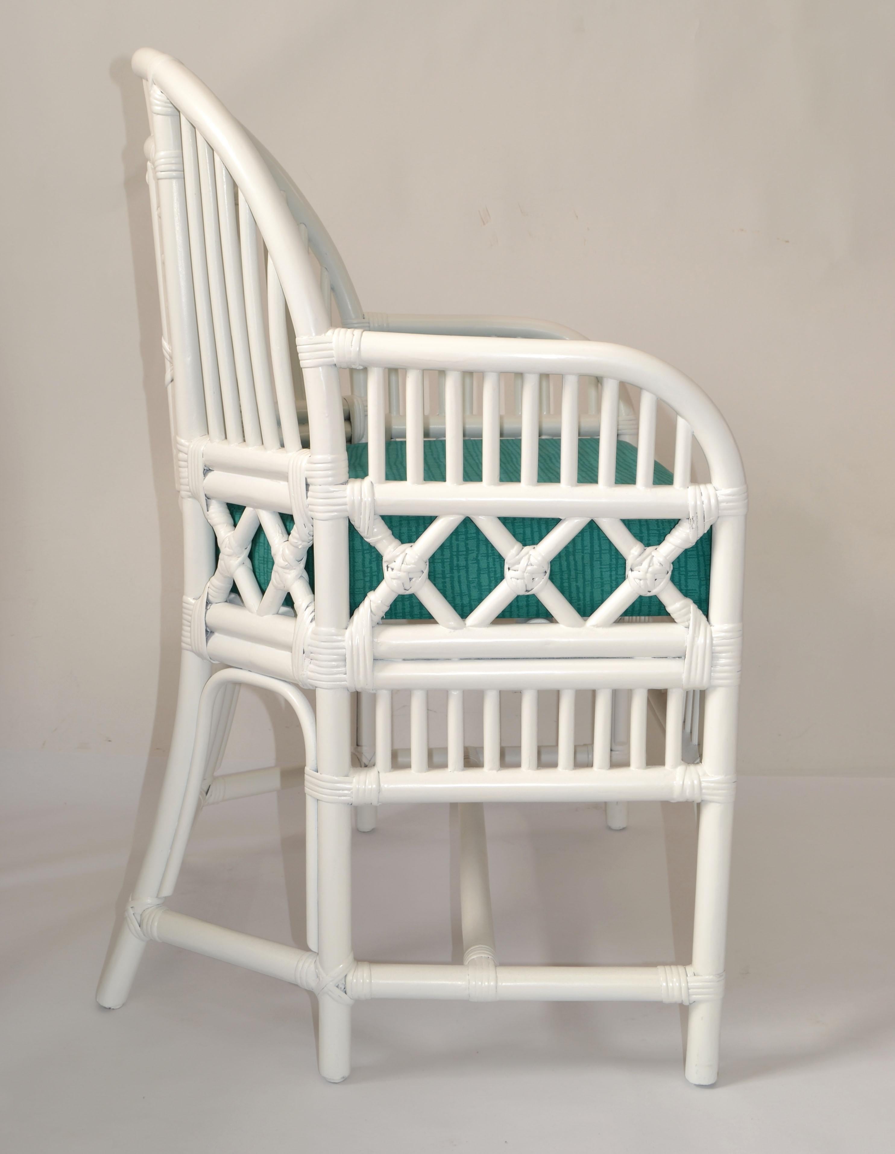 Hand-Crafted 1970 Vintage Brighton Chinoiserie Rattan White Bamboo Caning Split Reed Armchair For Sale