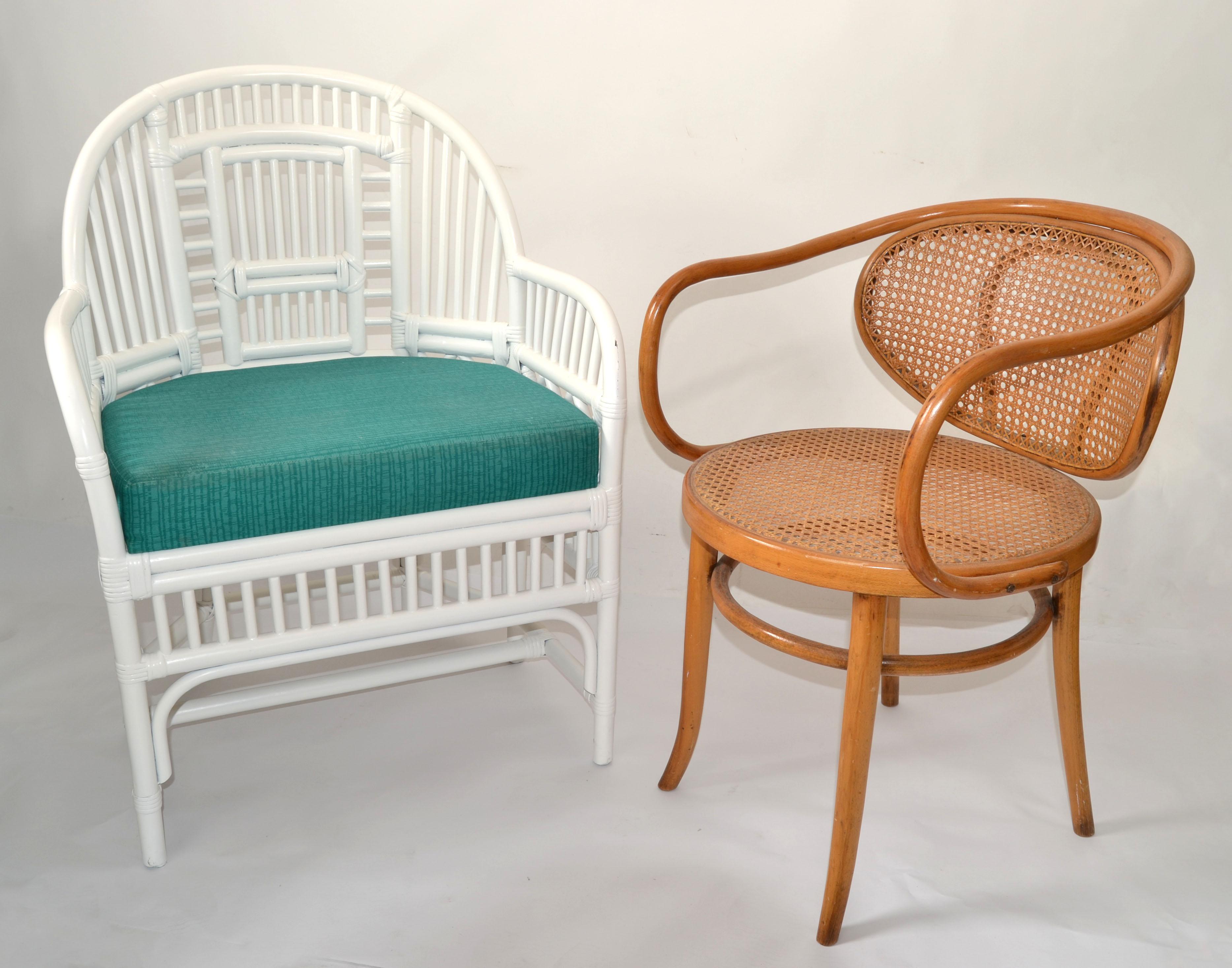 1970 Vintage Brighton Chinoiserie Rattan White Bamboo Caning Split Reed Armchair For Sale 1
