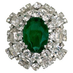 1970 Vintage Christian Dior Silver Tone Green Resin Clear Crystal Pin Brooch