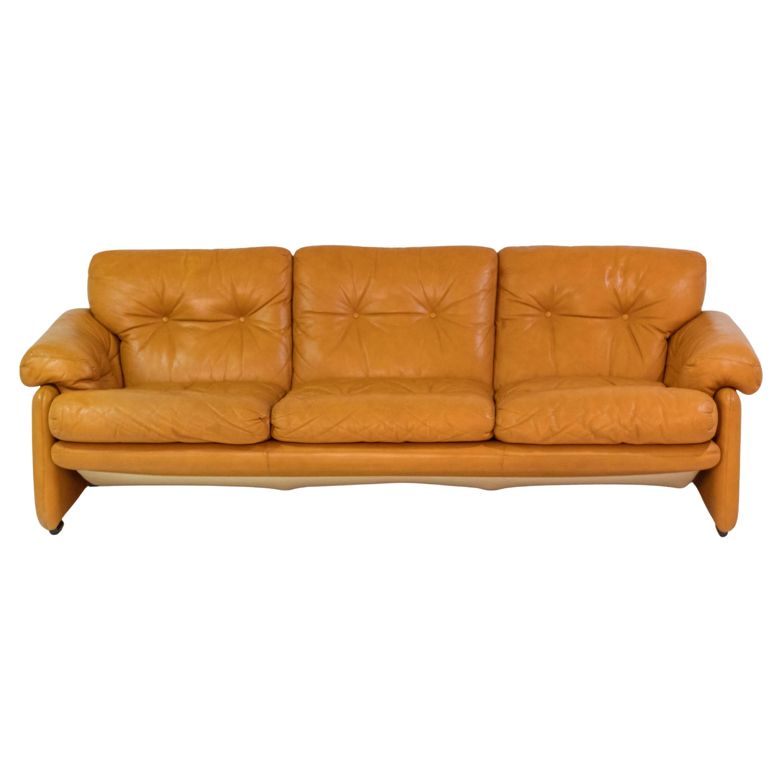 1970 Vintage Coronado Brown Leather Large Sofa by Tobia Scarpa for C&B Italia